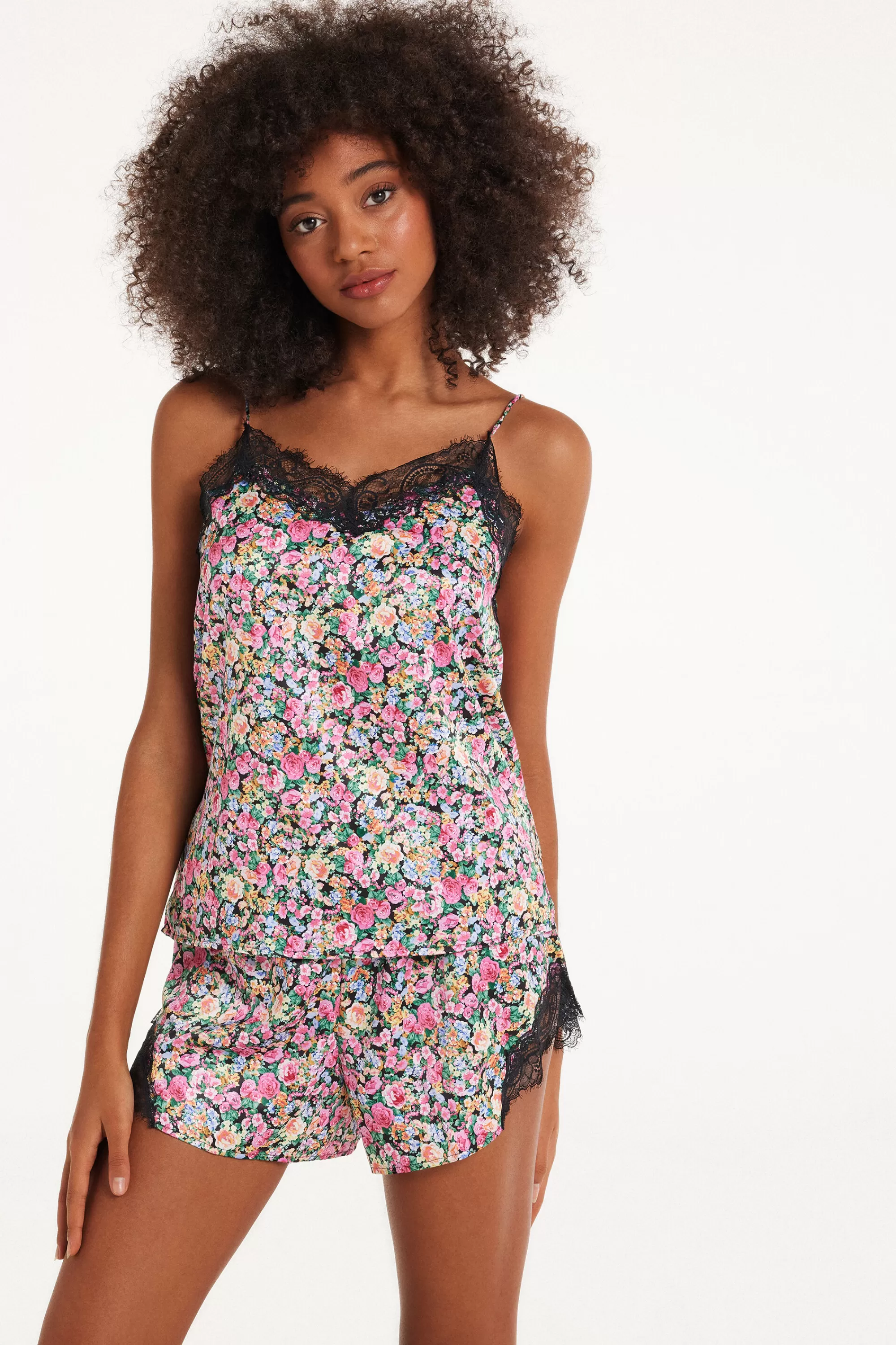 Store Canotta Con Spalline Sottili In Raso Stampato E Pizzo - Pigiami Combinabili - Donna | Canotte e Top | Pigiami combinabili