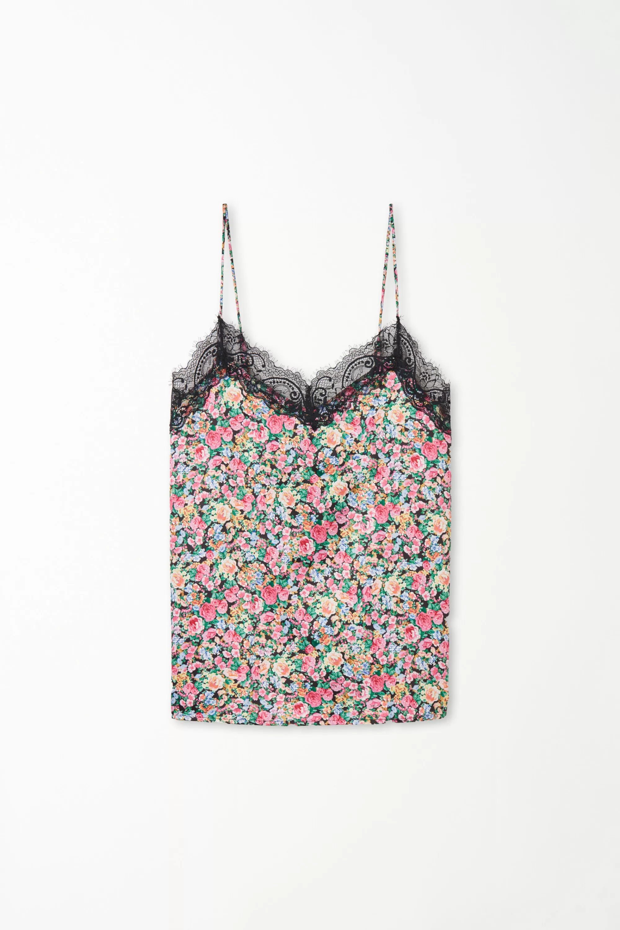 Store Canotta Con Spalline Sottili In Raso Stampato E Pizzo - Pigiami Combinabili - Donna | Canotte e Top | Pigiami combinabili