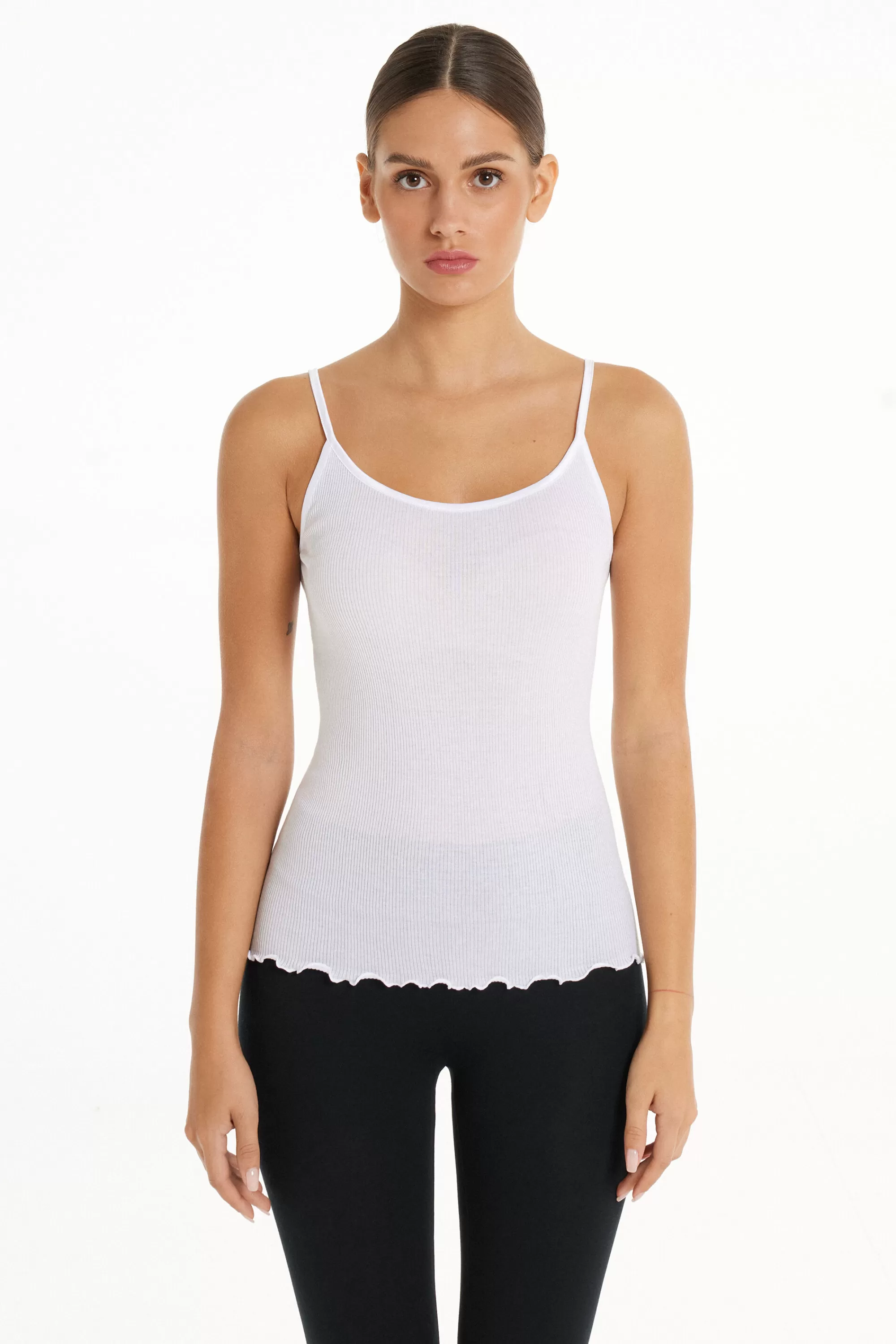 Clearance Canotta Spalline Sottili In 100% Cotone A Costine E Raso - Canotte E Top - Donna | Canotte e Top