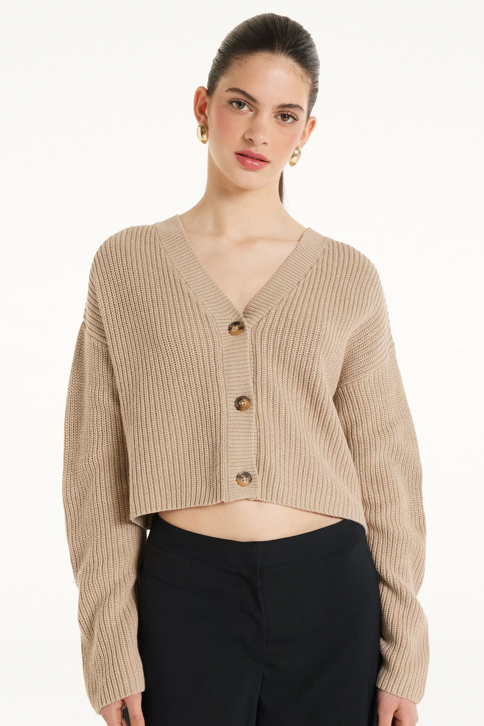 Clearance Cardigan Corto Manica Lunga Con Bottoni A Coste - Cardigan E Maglioni - Donna | Cardigan e Maglioni