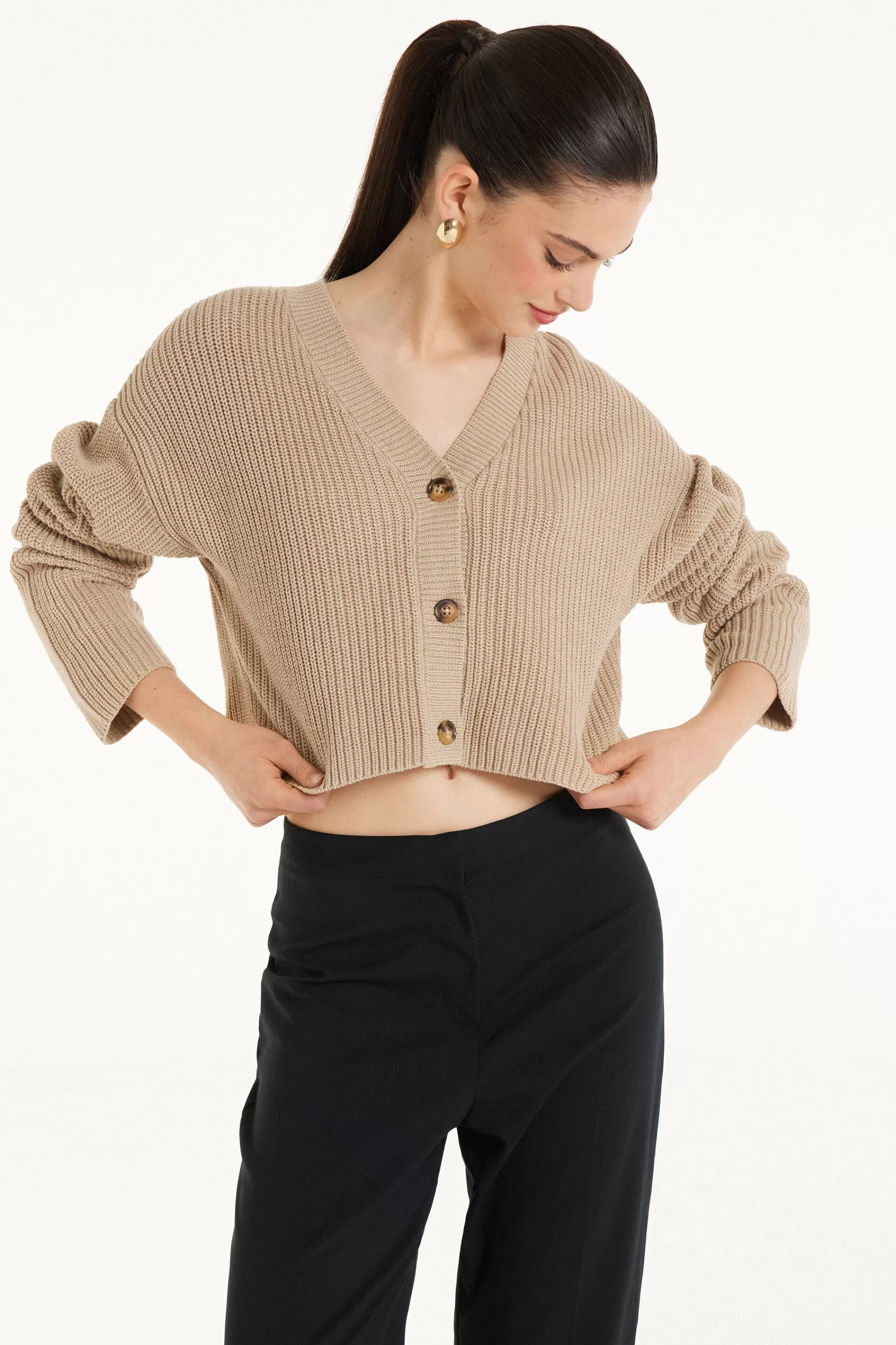 Clearance Cardigan Corto Manica Lunga Con Bottoni A Coste - Cardigan E Maglioni - Donna | Cardigan e Maglioni