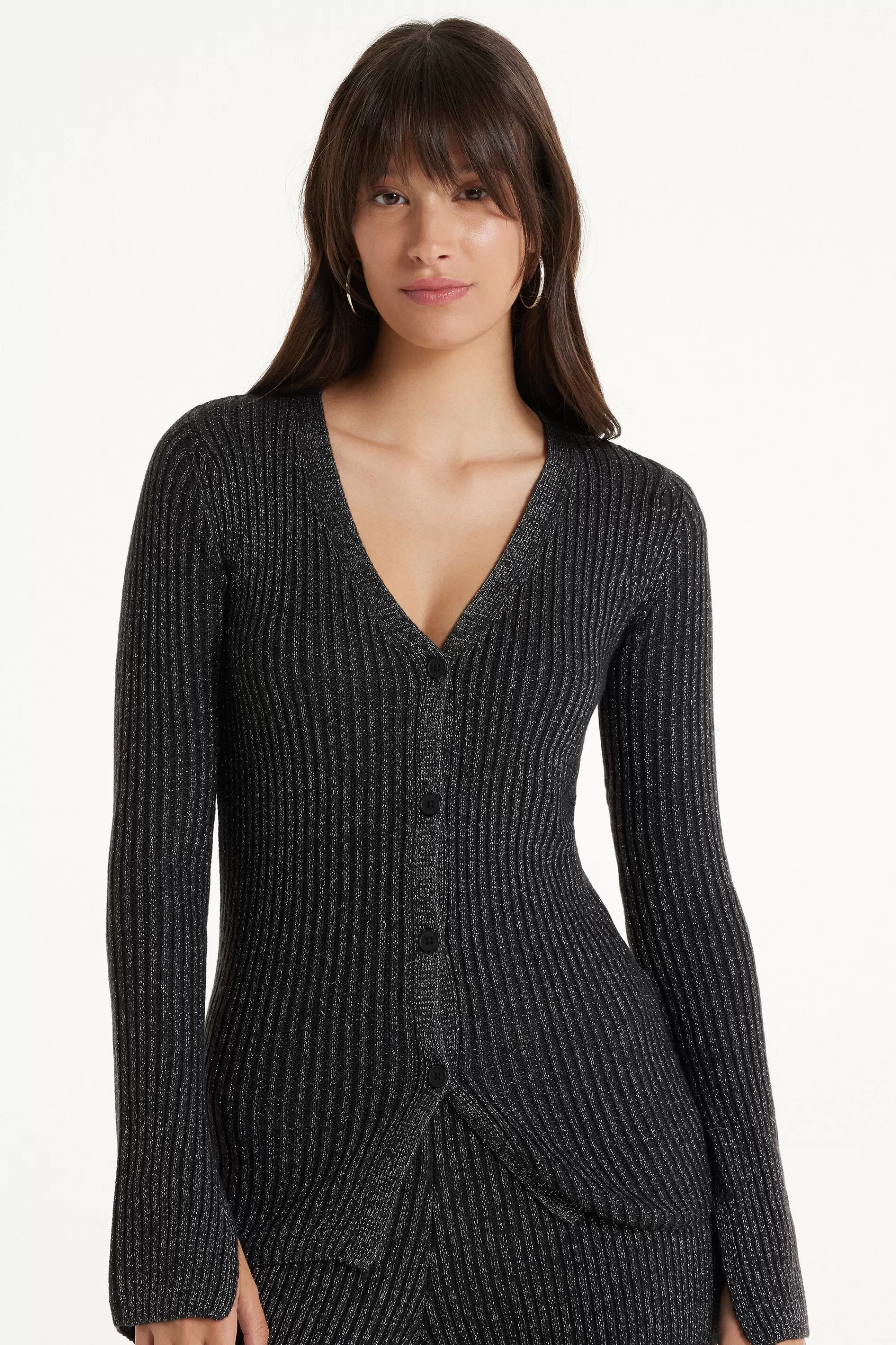 Discount Cardigan Manica Lunga Con Bottoni Costine Laminato - Cardigan E Maglioni - Donna | Cardigan e Maglioni