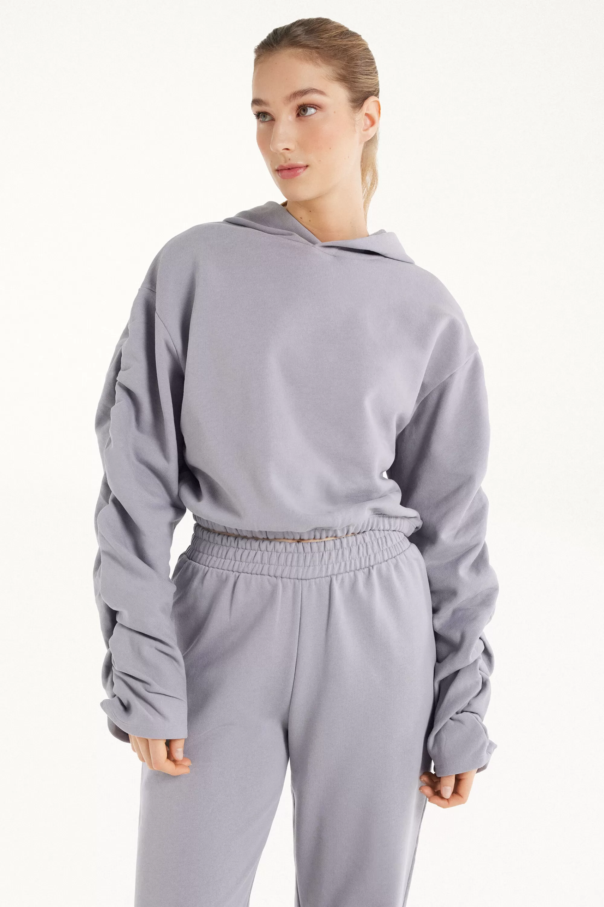 Sale Felpa Corta Con Cappuccio E Arricci Sulle Maniche - Felpe - Donna | Felpe | Collezione Fitness
