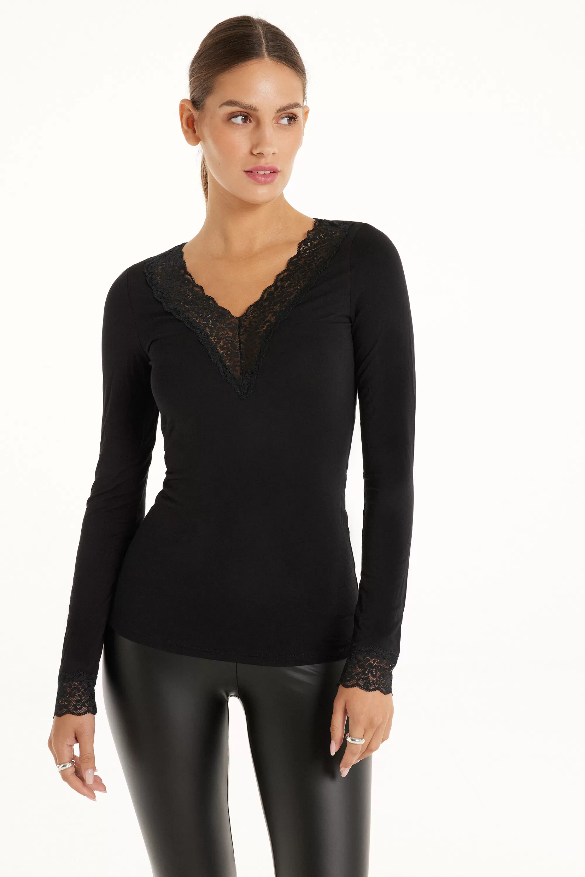 Best Sale Maglia Con Scollo A V Manica Lunga In Viscosa E Pizzo - Maglie Maniche Lunghe - Donna | Maglie maniche lunghe