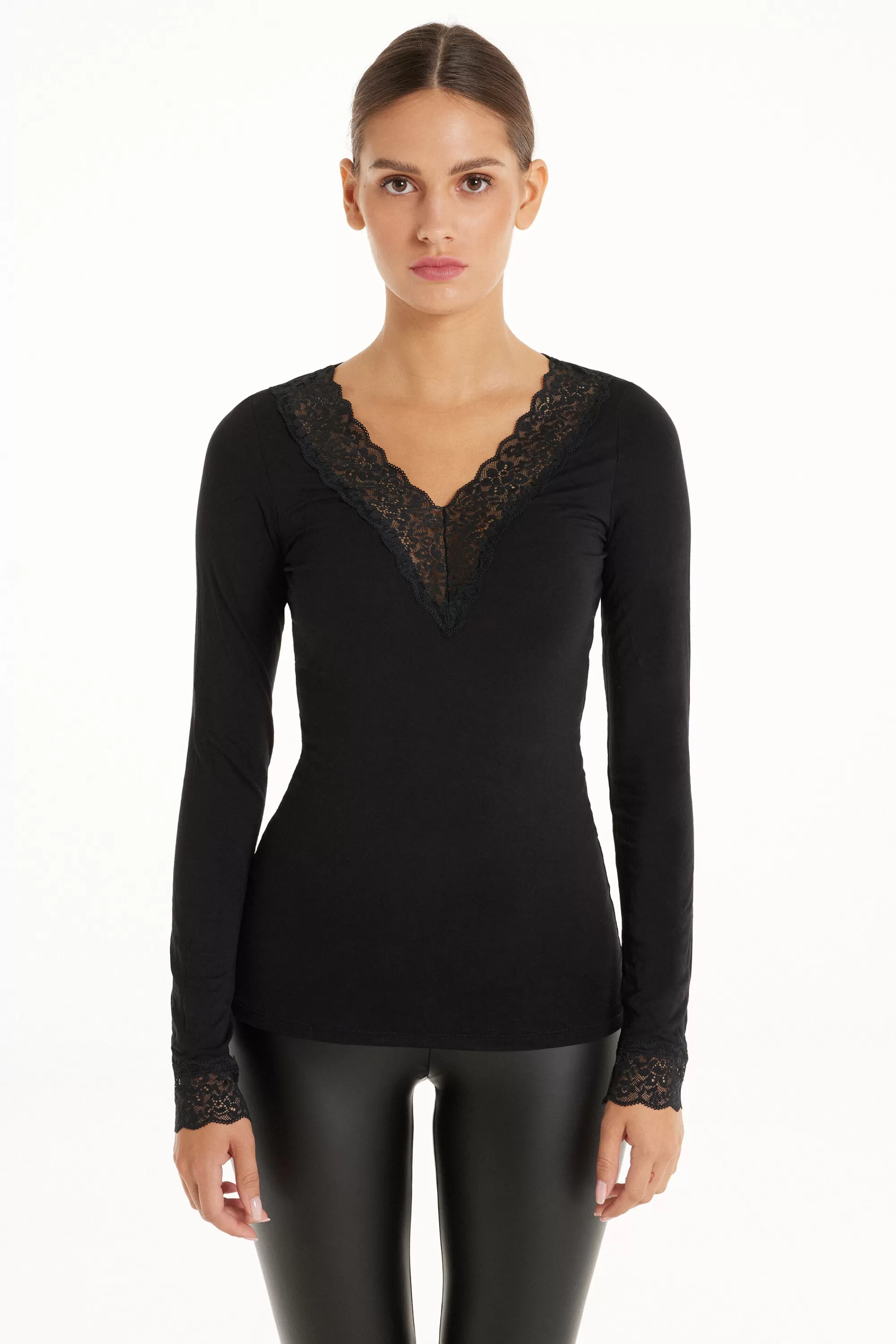 Best Sale Maglia Con Scollo A V Manica Lunga In Viscosa E Pizzo - Maglie Maniche Lunghe - Donna | Maglie maniche lunghe