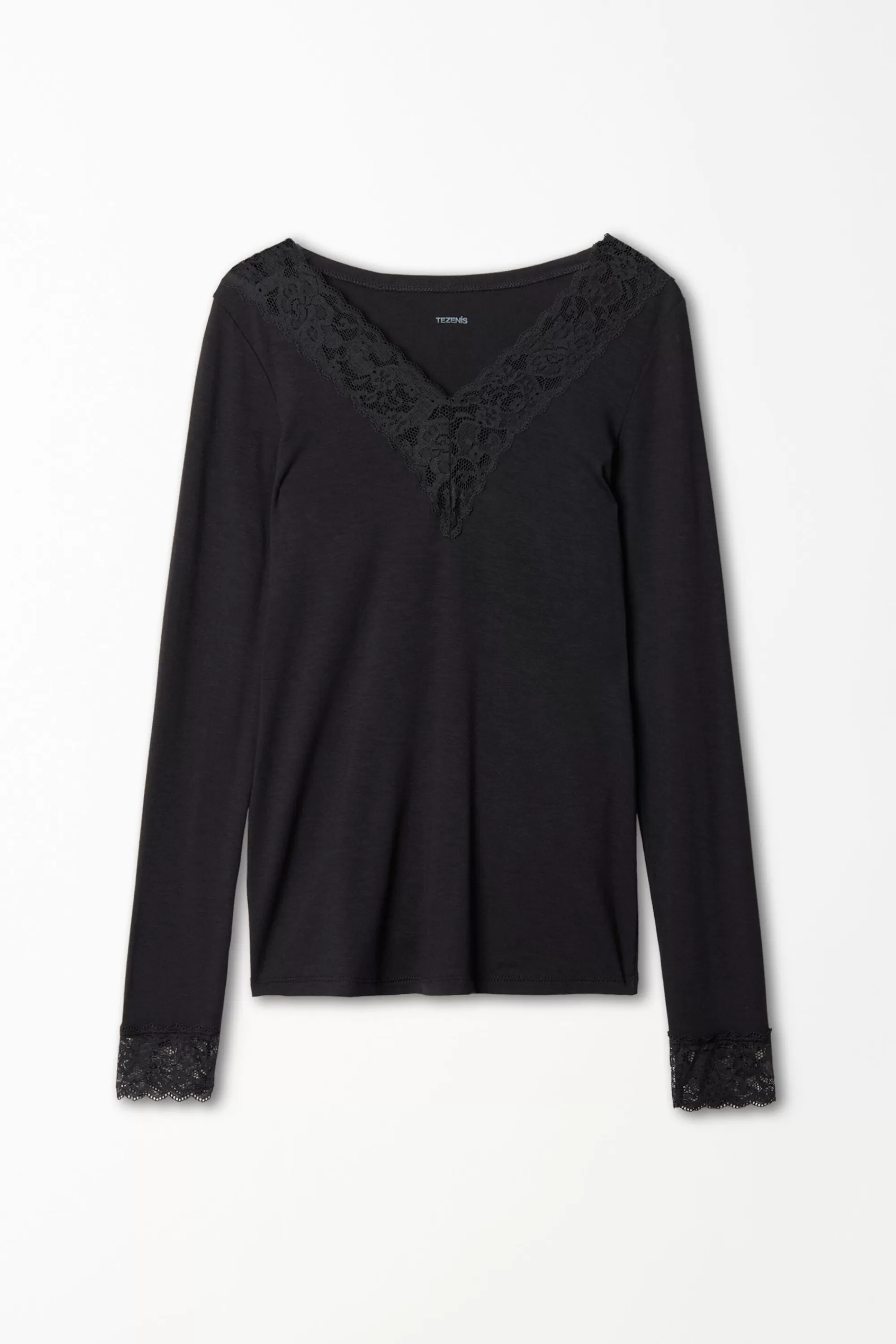 Best Sale Maglia Con Scollo A V Manica Lunga In Viscosa E Pizzo - Maglie Maniche Lunghe - Donna | Maglie maniche lunghe