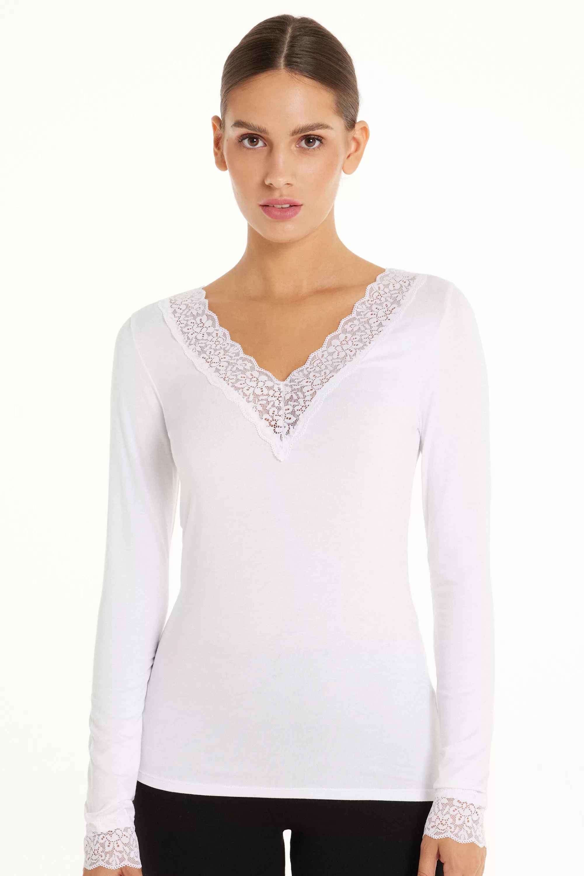 Discount Maglia Con Scollo A V Manica Lunga In Viscosa E Pizzo - Maglie Maniche Lunghe - Donna | Maglie maniche lunghe