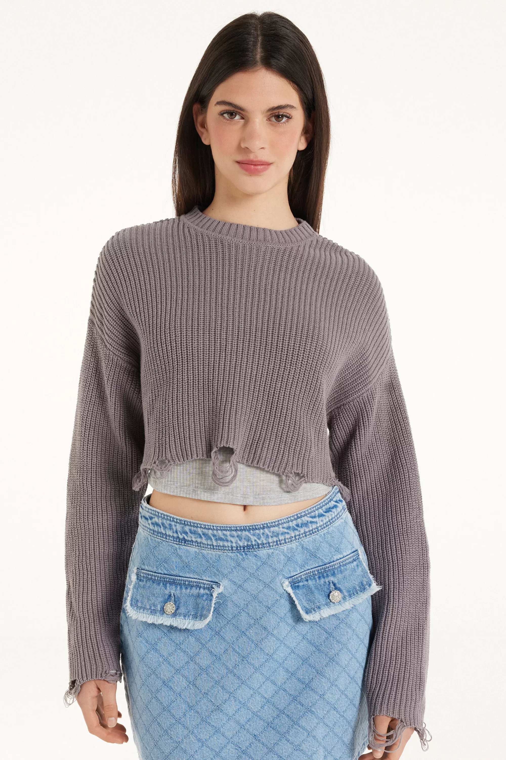 Online Maglia Corta A Maniche Lunghe Con Strappi A Costine - Maglie Maniche Lunghe - Donna | Maglie maniche lunghe