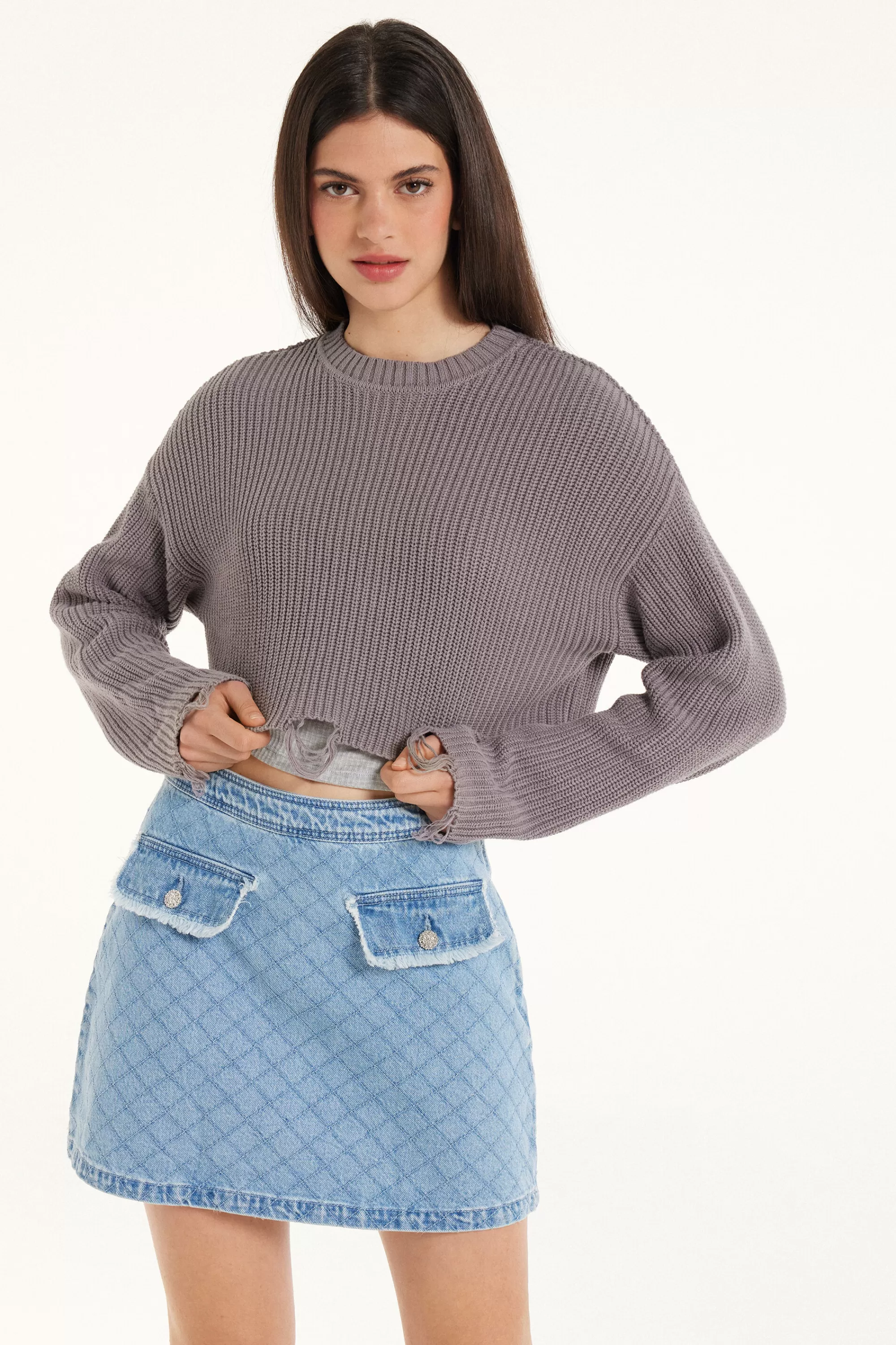 Online Maglia Corta A Maniche Lunghe Con Strappi A Costine - Maglie Maniche Lunghe - Donna | Maglie maniche lunghe