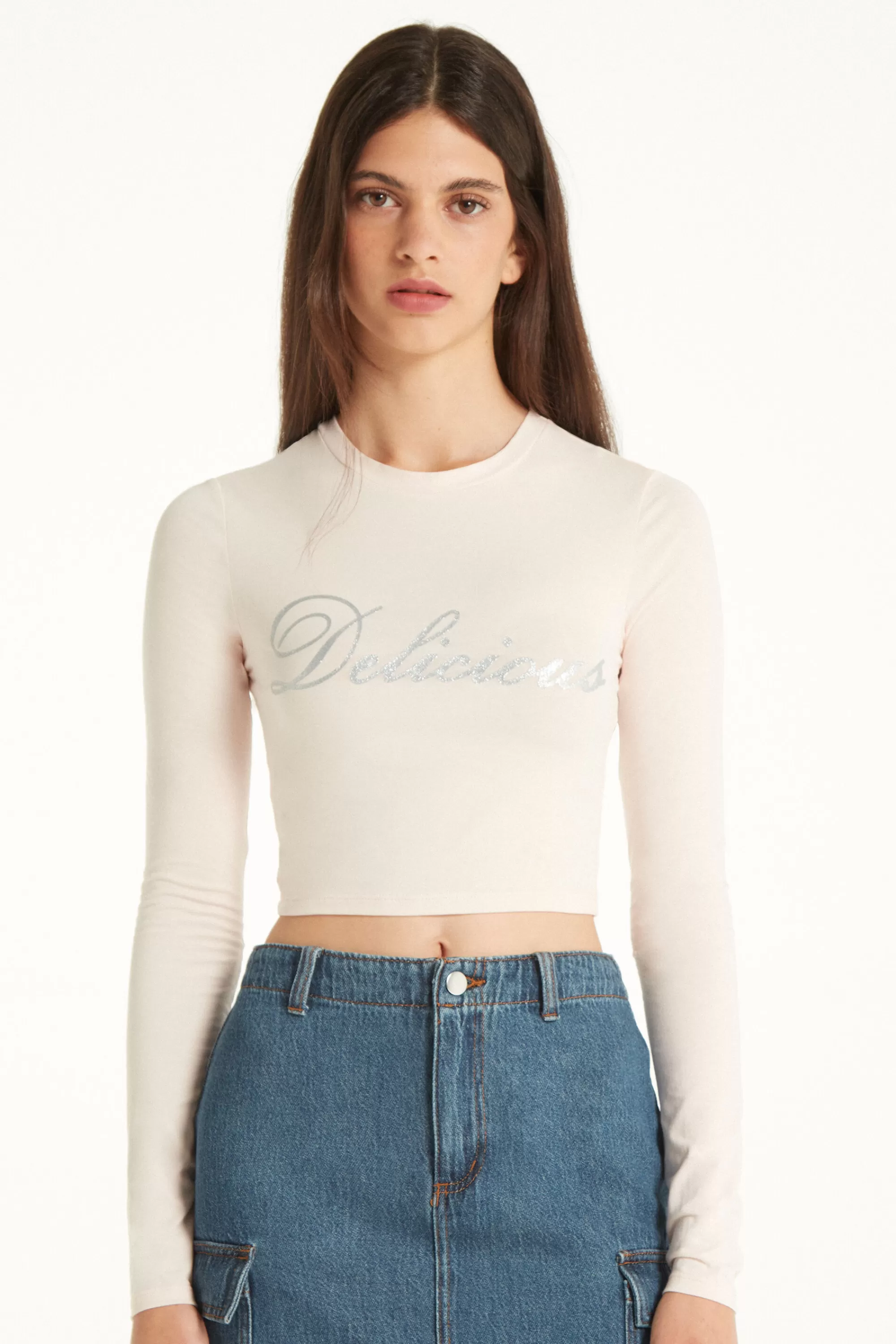 Discount Maglia Corta Cotone Con Maniche Lunghe E Scritta - Maglie Maniche Lunghe - Donna | Maglie maniche lunghe