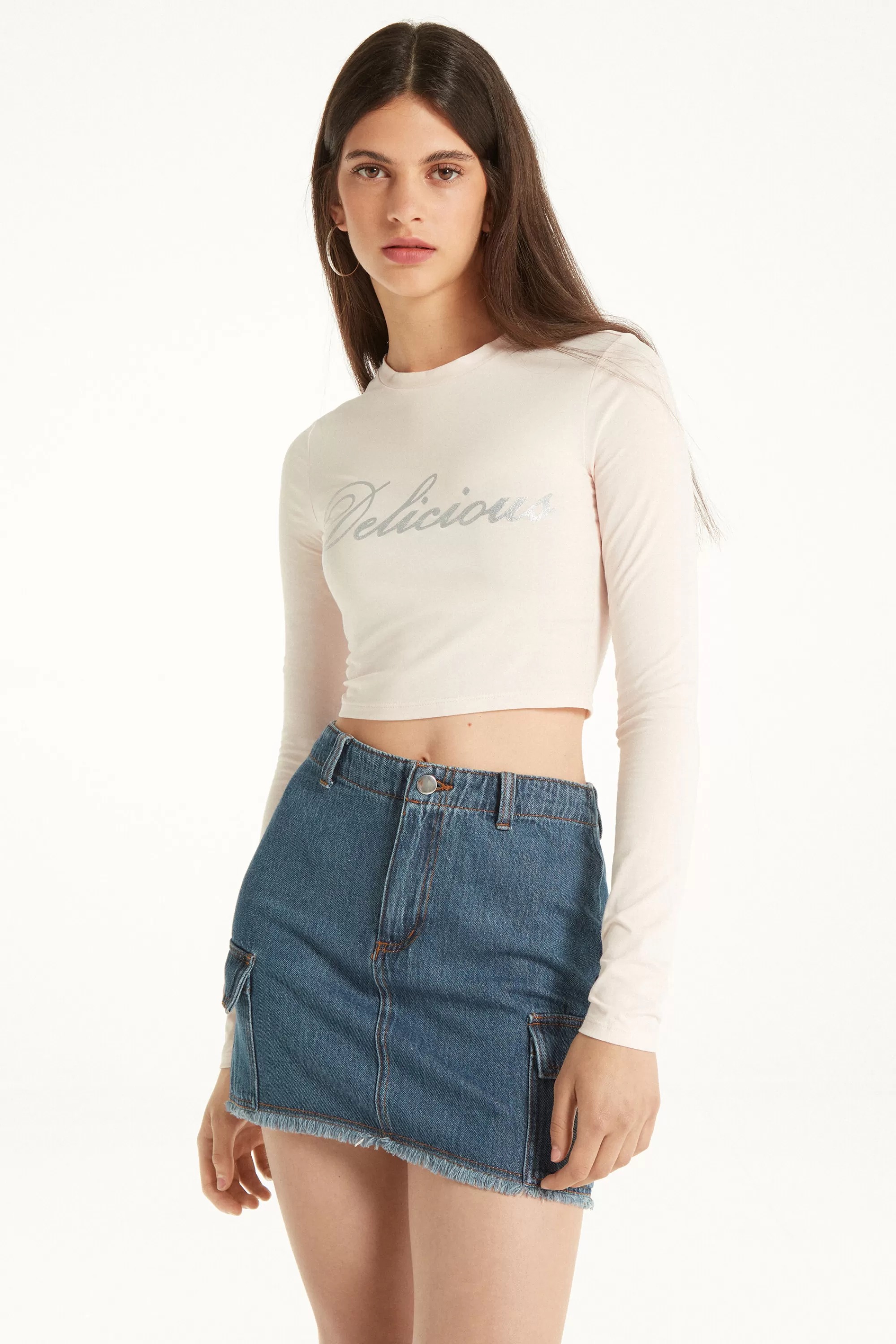 Discount Maglia Corta Cotone Con Maniche Lunghe E Scritta - Maglie Maniche Lunghe - Donna | Maglie maniche lunghe