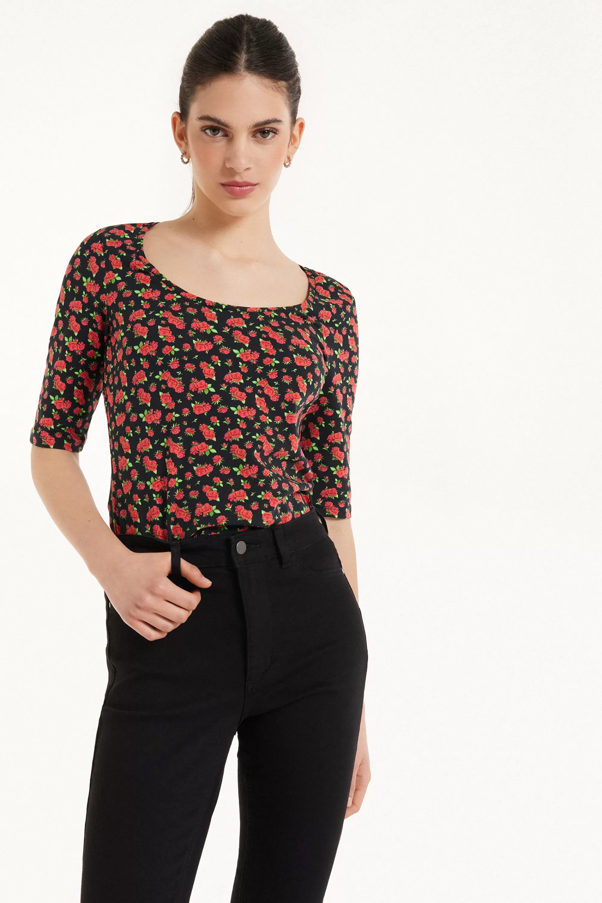New Maglia Manica Corta Scollo Ampio In Cotone Stampato - Magliette Maniche Corte - Donna | Magliette maniche corte