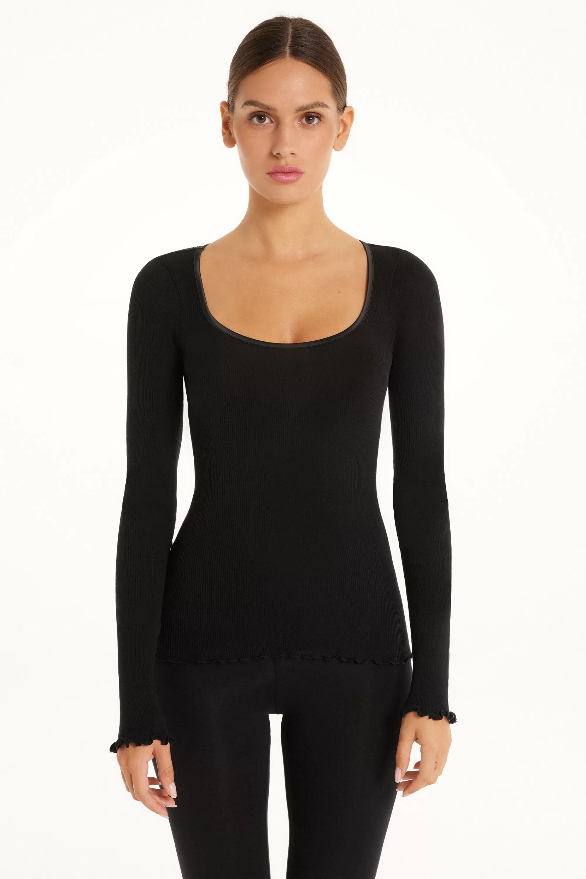 Online Maglia Manica Lunga In 100% Cotone A Costine E Raso - Maglie Maniche Lunghe - Donna | Maglie maniche lunghe