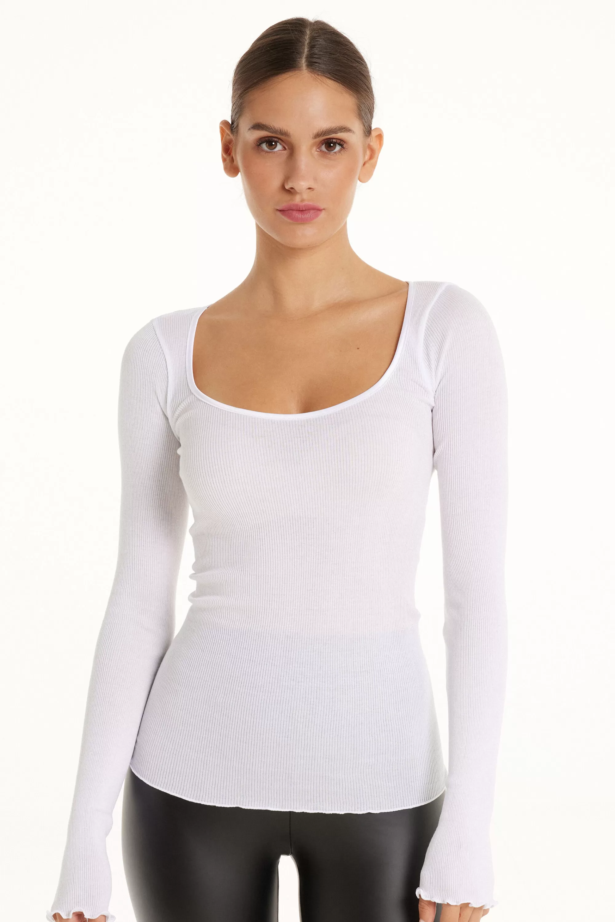 Discount Maglia Manica Lunga In 100% Cotone A Costine E Raso - Maglie Maniche Lunghe - Donna | Maglie maniche lunghe