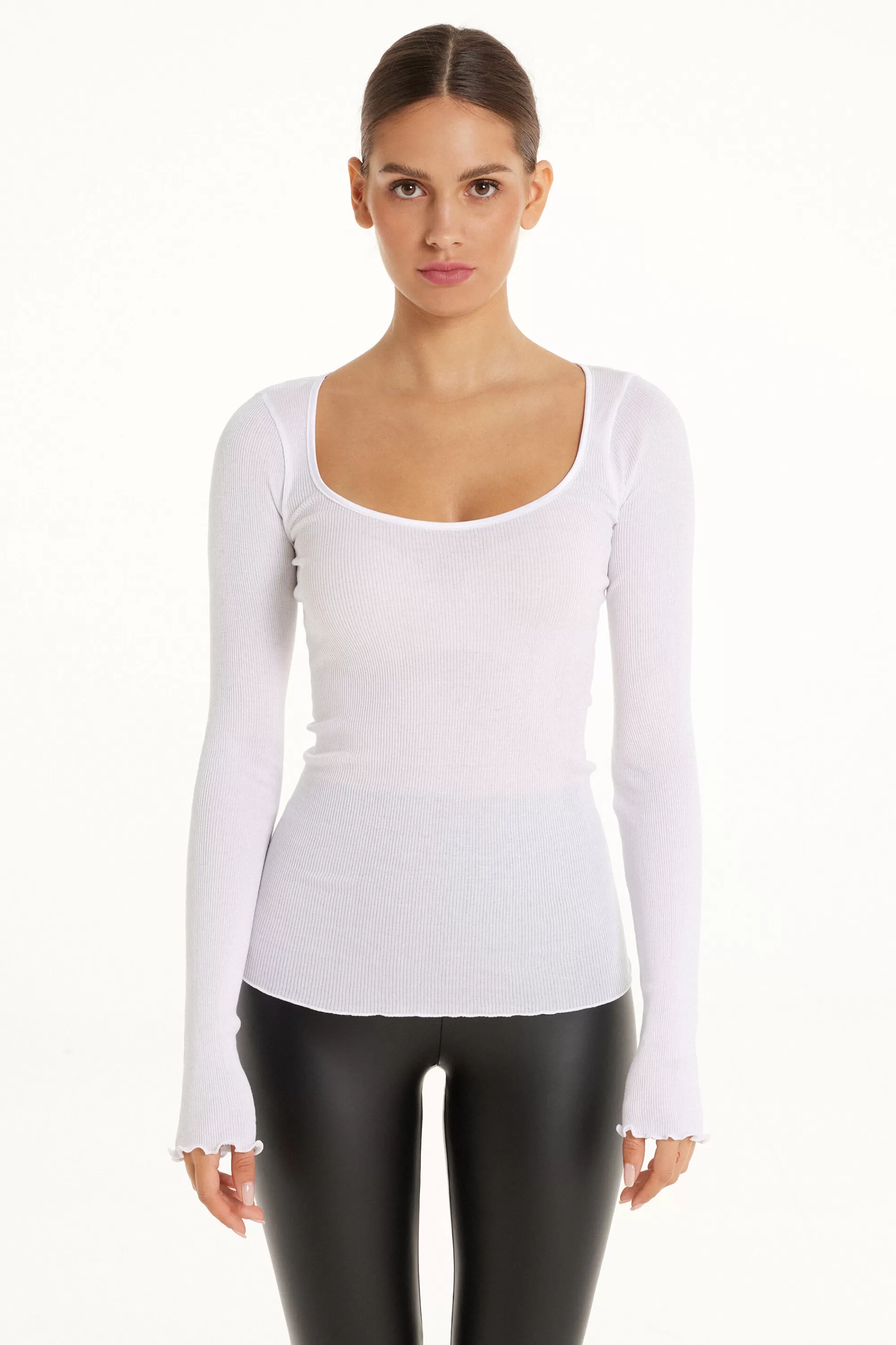 Discount Maglia Manica Lunga In 100% Cotone A Costine E Raso - Maglie Maniche Lunghe - Donna | Maglie maniche lunghe