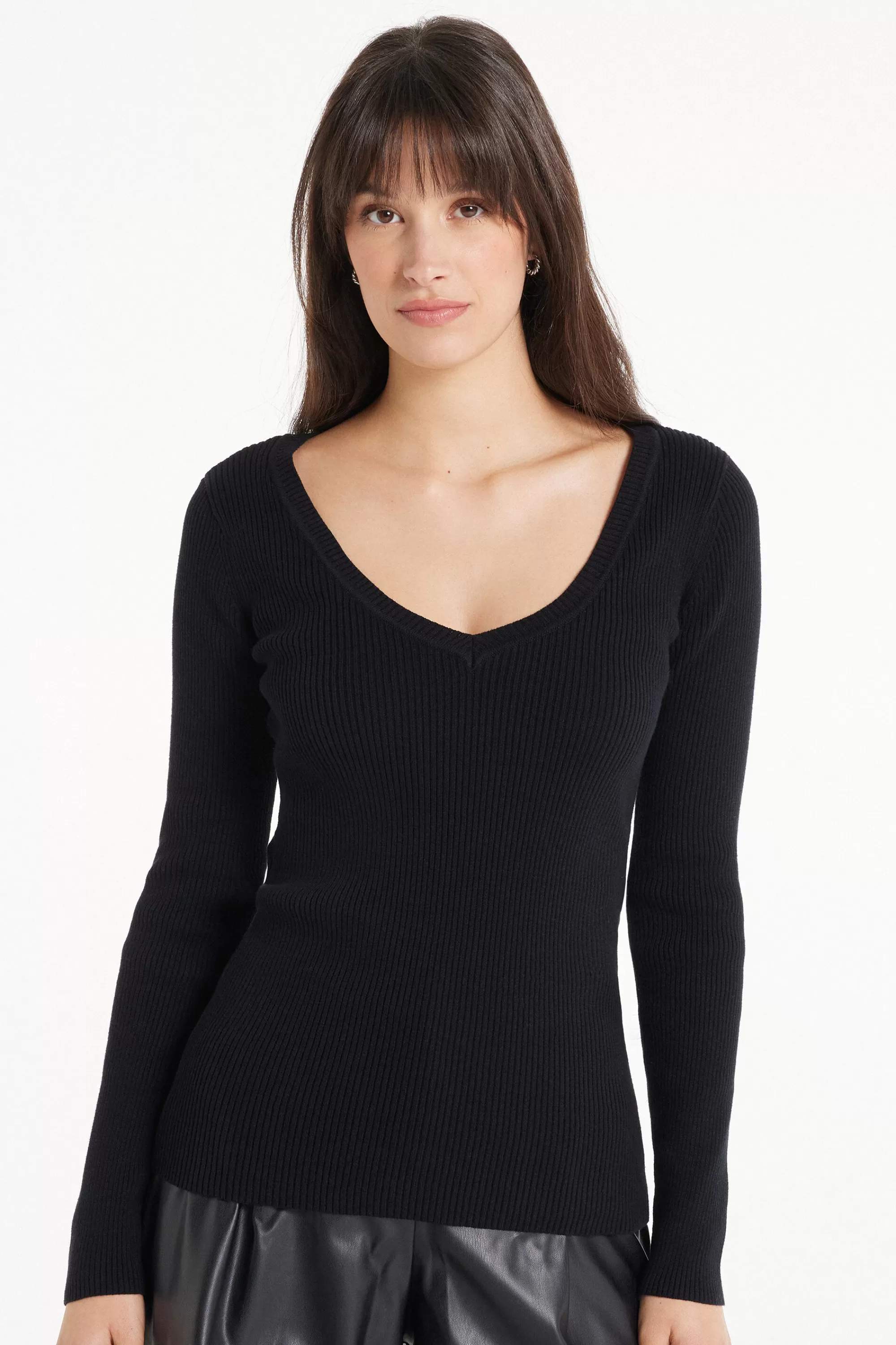 Discount Maglia Manica Lunga Scollo A V A Costine - Maglie Maniche Lunghe - Donna | Maglie maniche lunghe