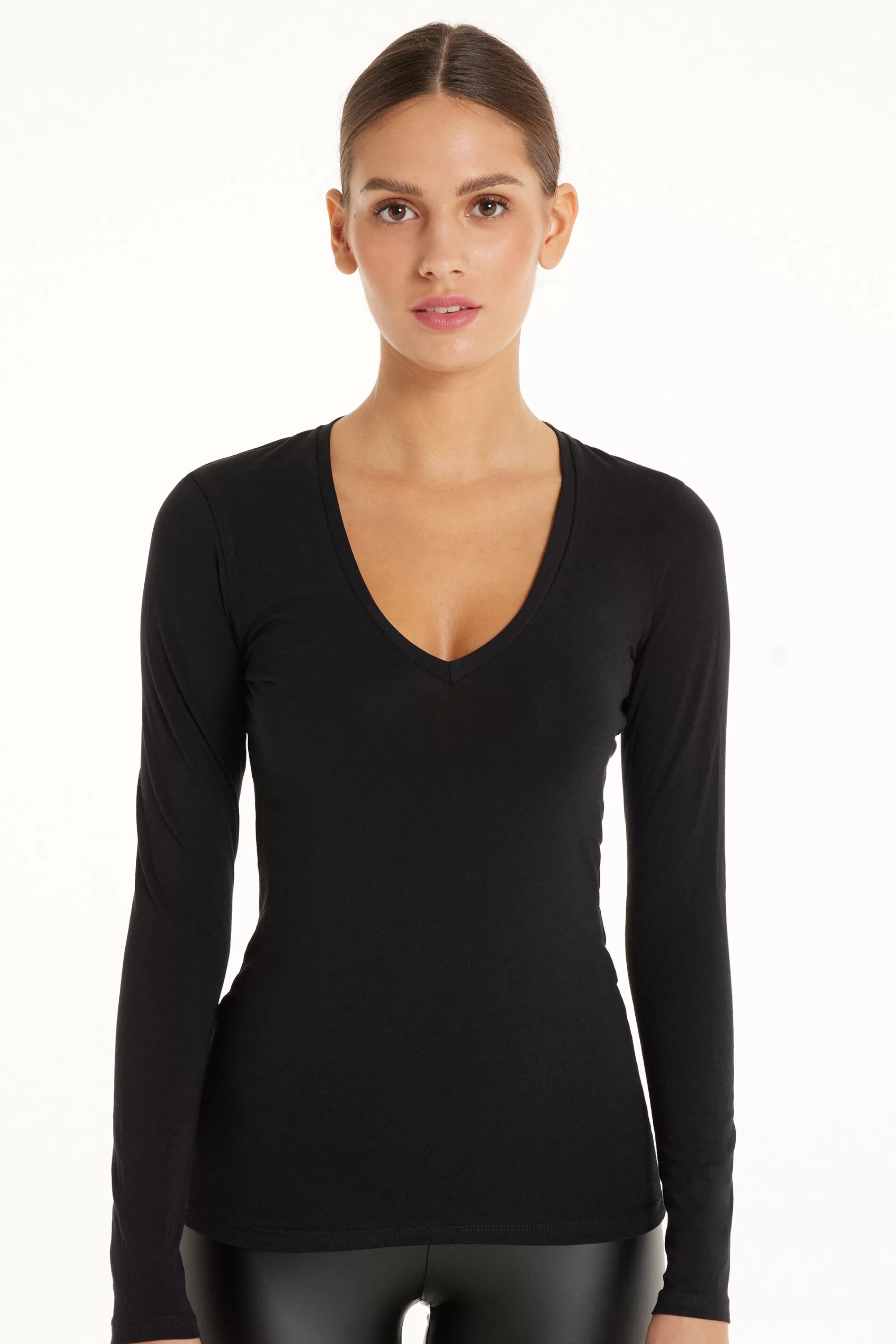 Discount Maglia Manica Lunga Scollo A V In Cotone Elasticizzato - Maglie Maniche Lunghe - Donna | Maglie maniche lunghe