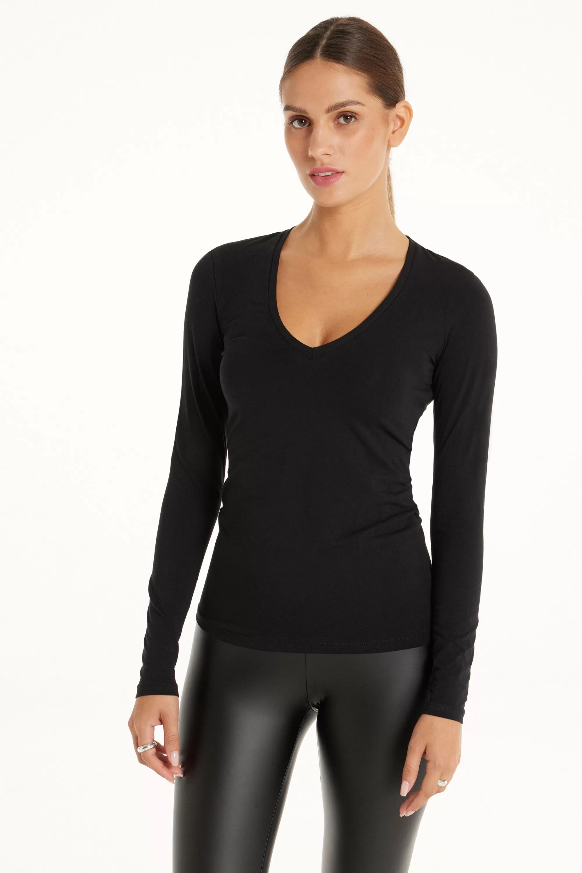 Discount Maglia Manica Lunga Scollo A V In Cotone Elasticizzato - Maglie Maniche Lunghe - Donna | Maglie maniche lunghe