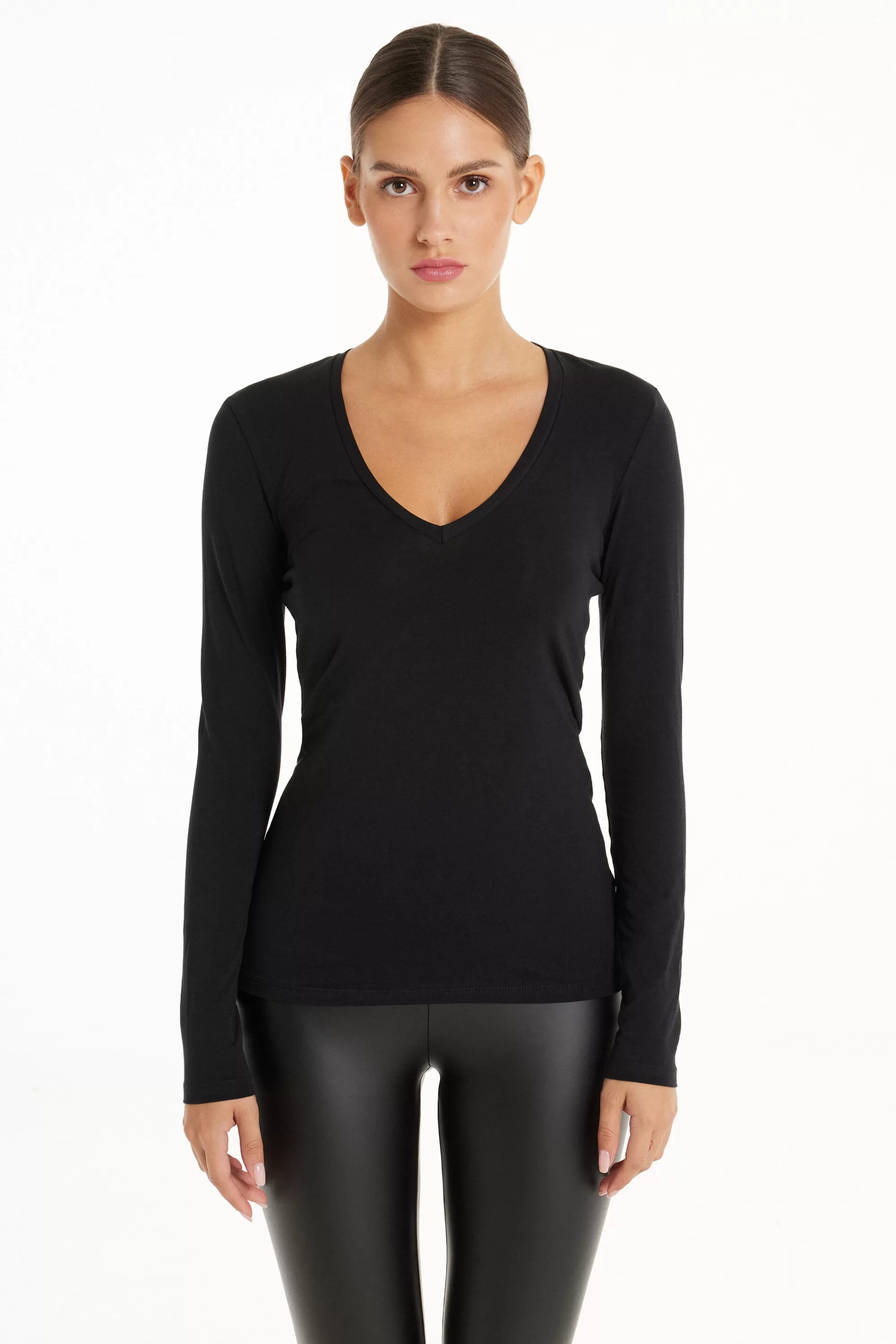 Discount Maglia Manica Lunga Scollo A V In Cotone Elasticizzato - Maglie Maniche Lunghe - Donna | Maglie maniche lunghe