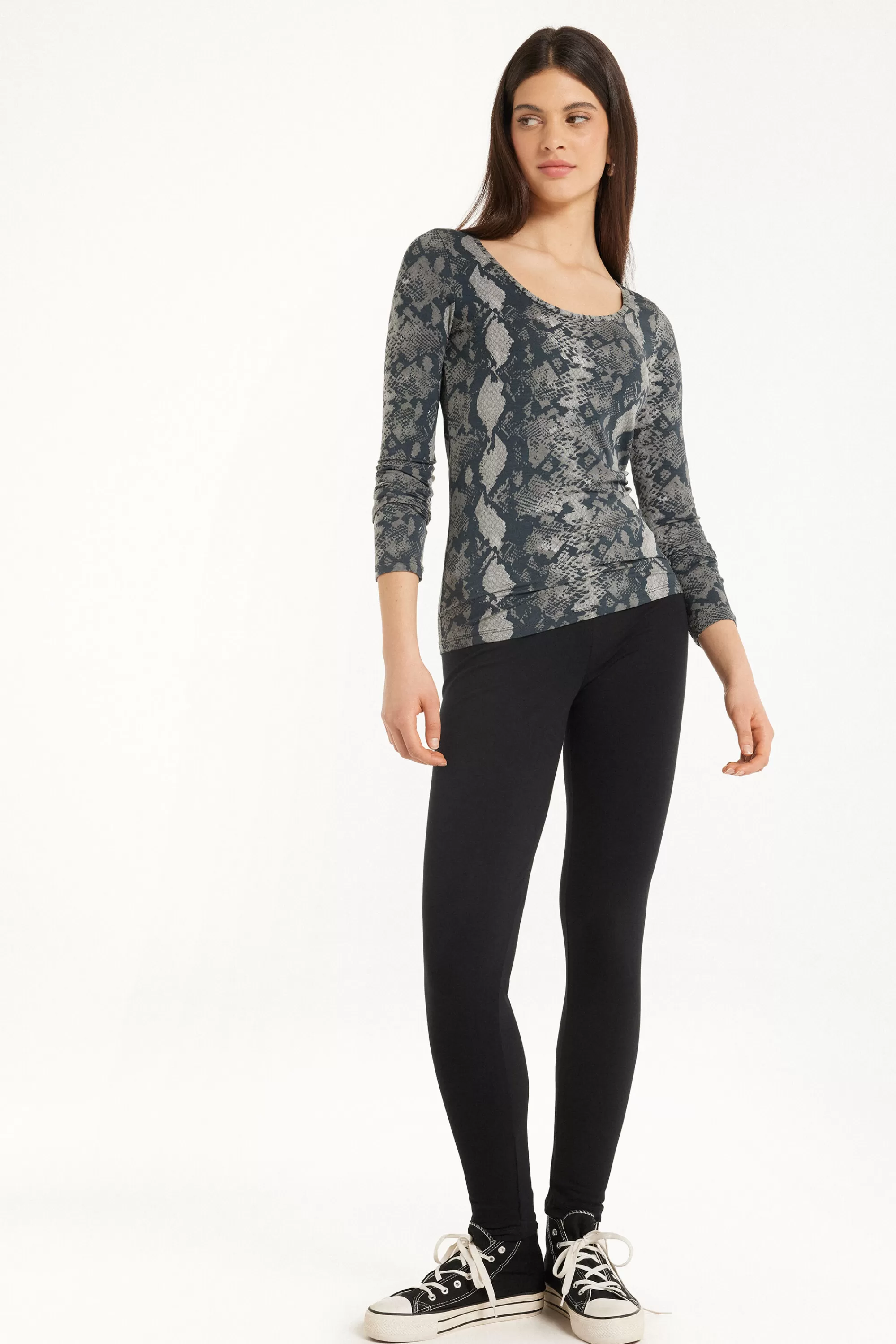 Best Sale Maglia Manica Lunga Scollo Ampio Viscosa Stampata - Maglie Maniche Lunghe - Donna | Maglie maniche lunghe