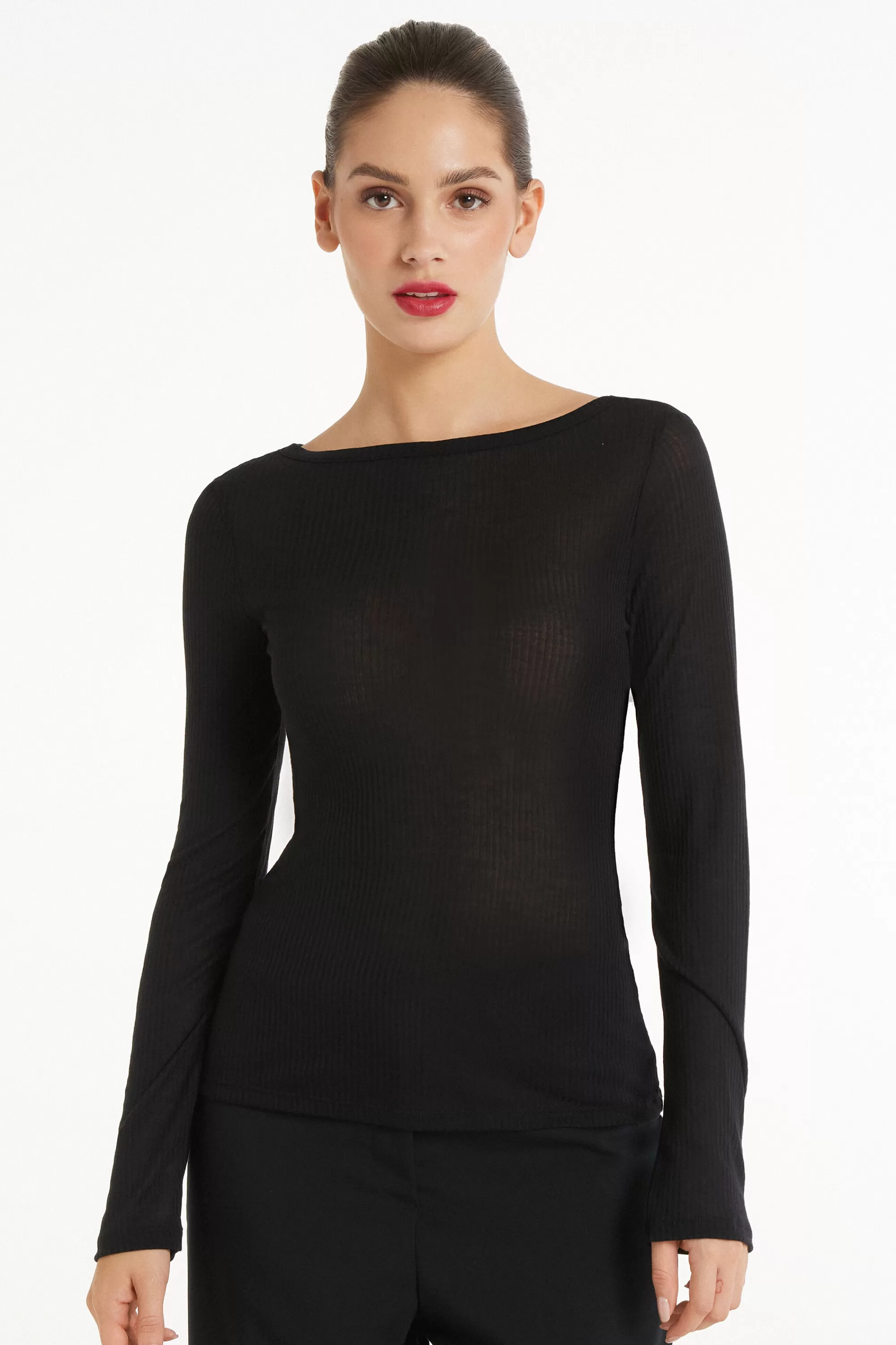 Best Sale Maglia Manica Lunga Scollo Barchetta Viscosa Ultraleggera A Costine - Maglie Maniche Lunghe - Donna | Maglie maniche lunghe