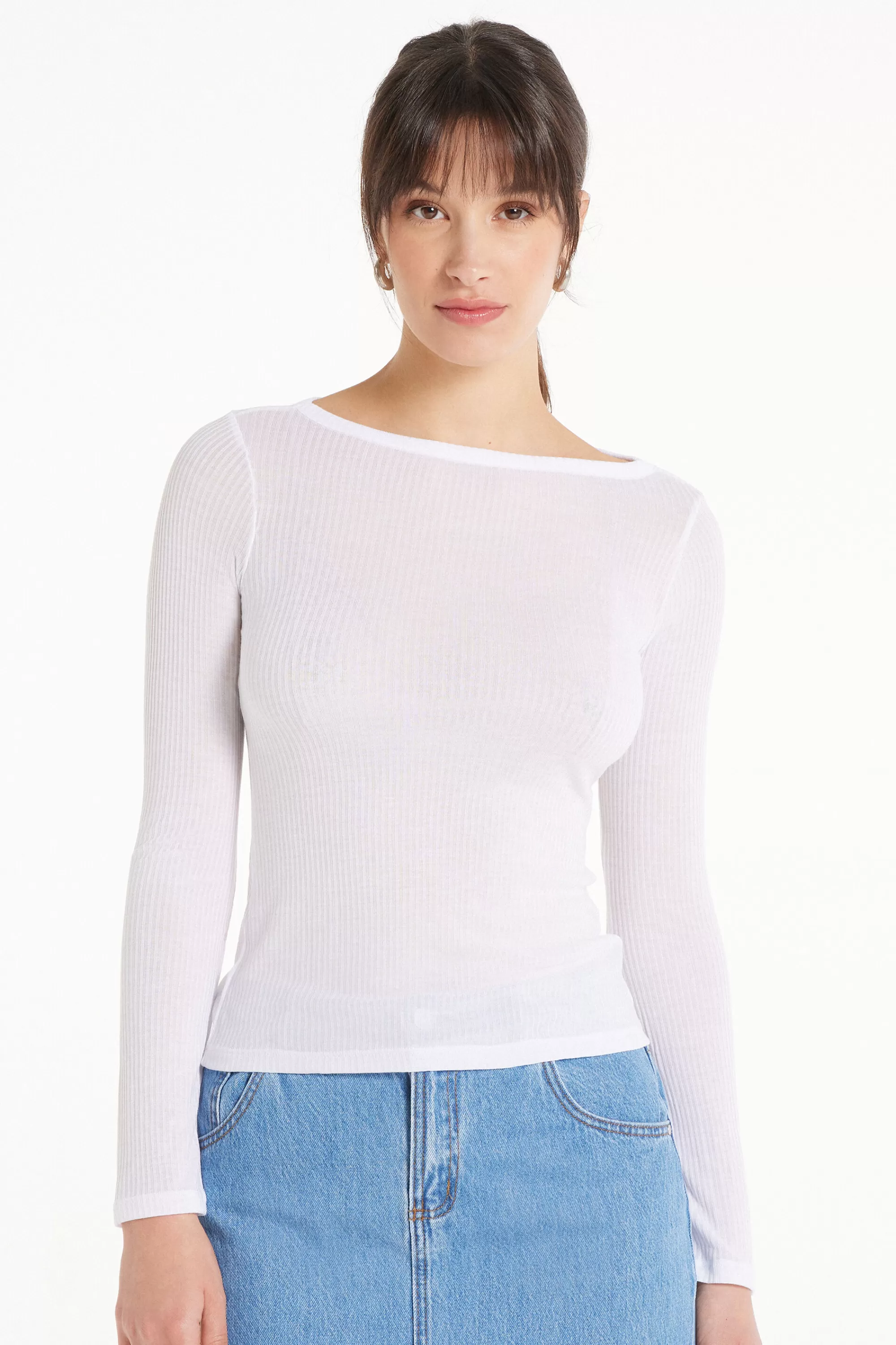 New Maglia Manica Lunga Scollo Barchetta Viscosa Ultraleggera A Costine - Maglie Maniche Lunghe - Donna | Maglie maniche lunghe
