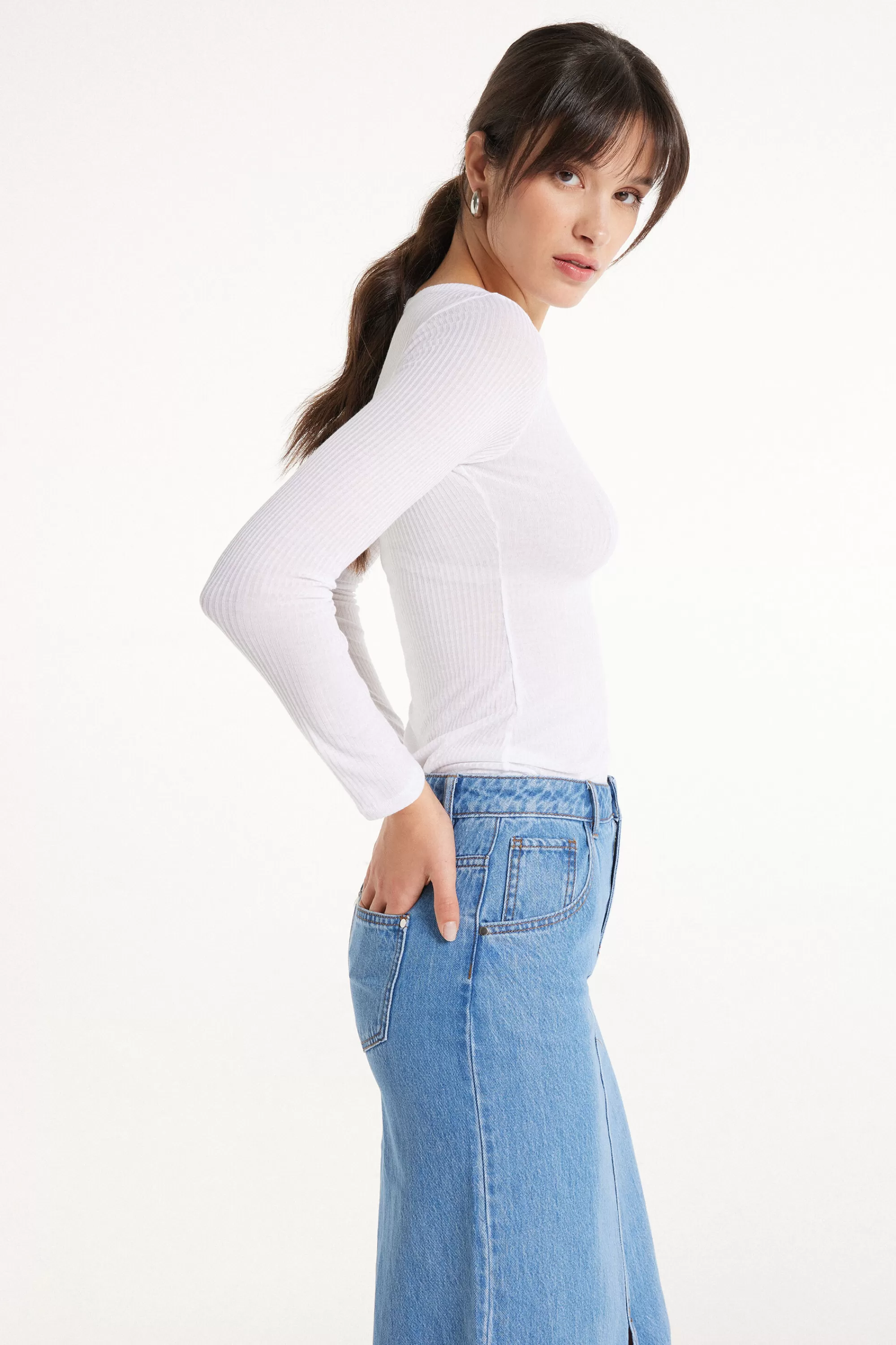 New Maglia Manica Lunga Scollo Barchetta Viscosa Ultraleggera A Costine - Maglie Maniche Lunghe - Donna | Maglie maniche lunghe