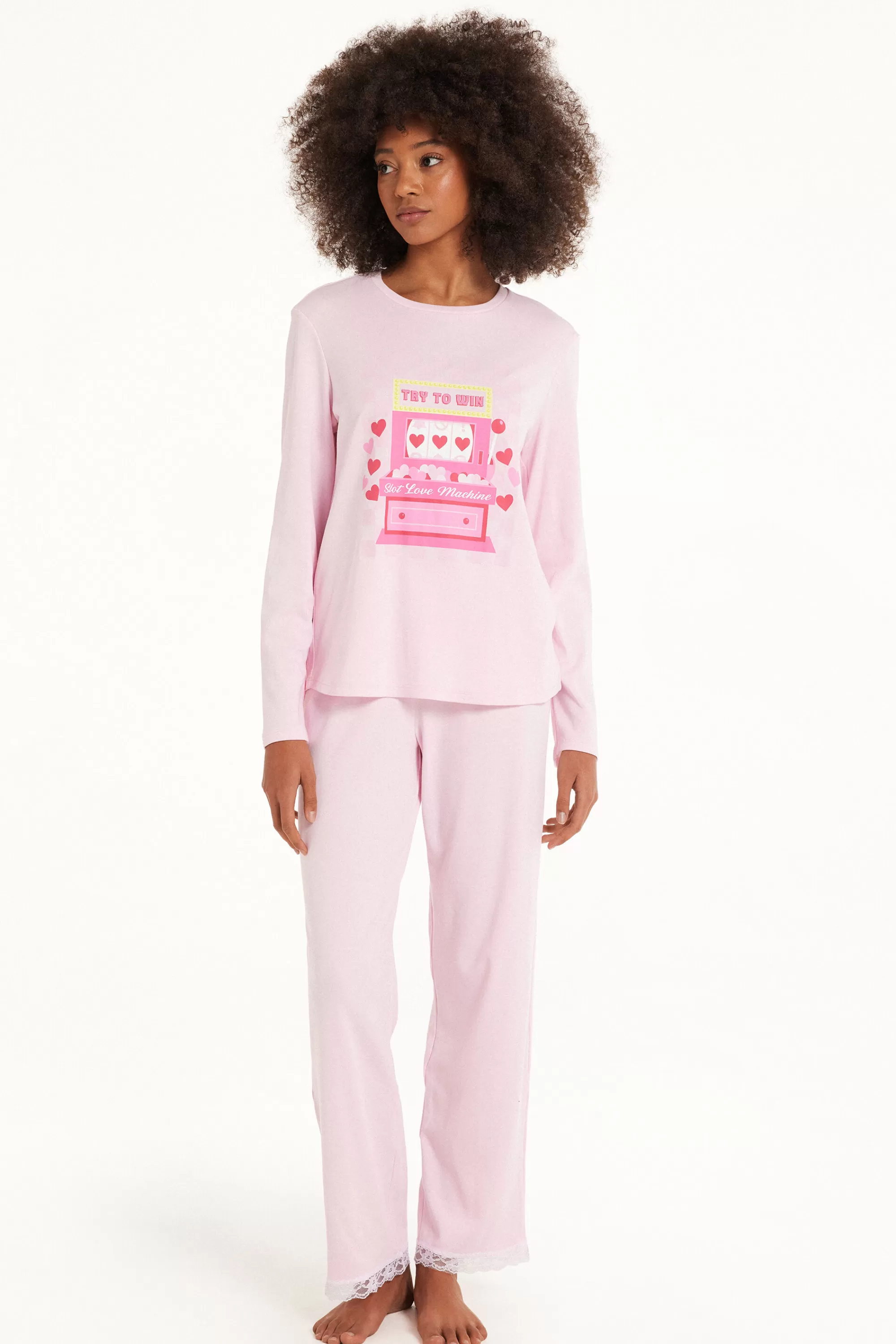 Shop Pigiama Lungo In Cotone Pesante Con Pizzetto Stampa Love Machine - Pigiami Lunghi - Donna | Pigiami lunghi