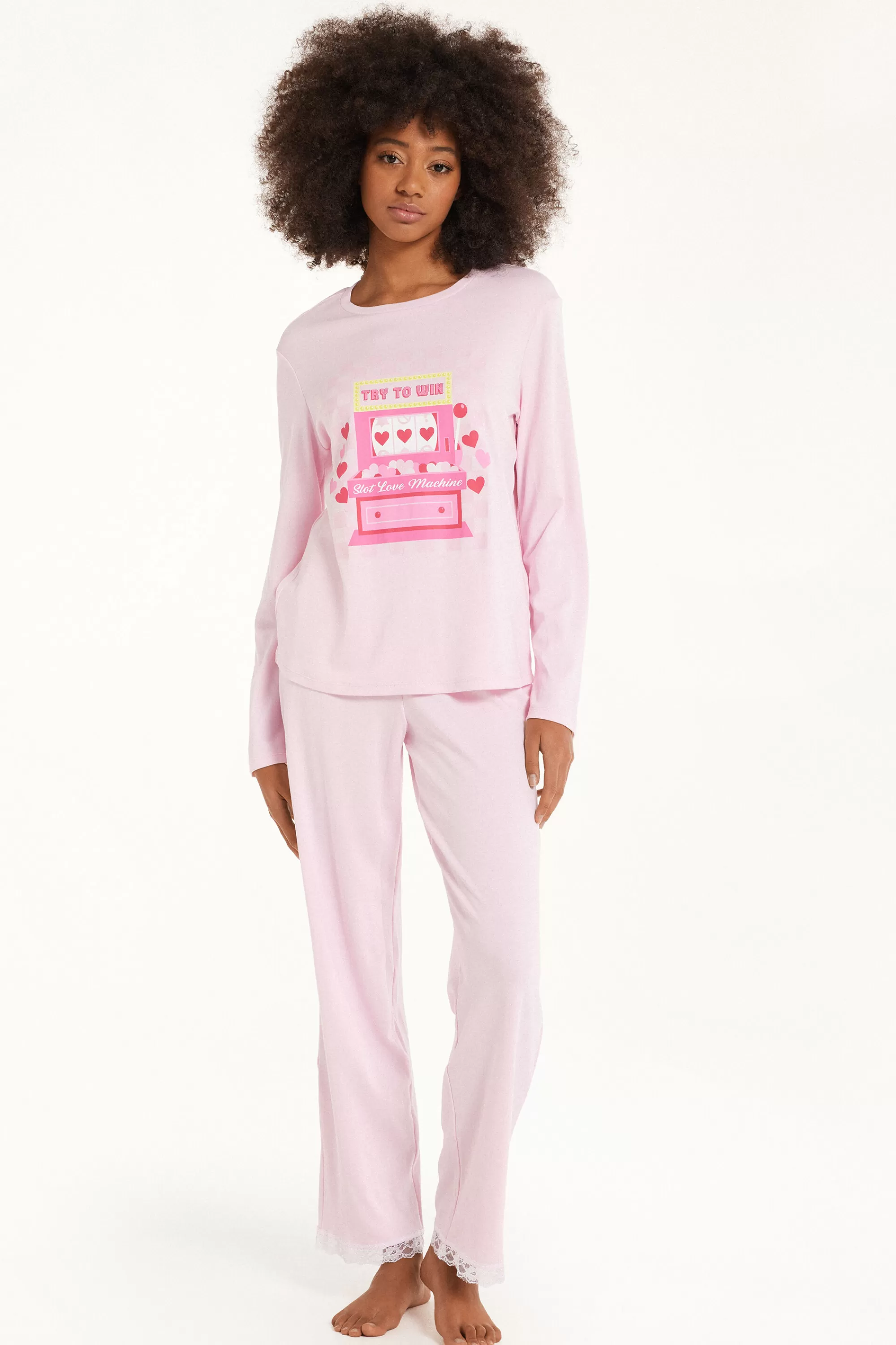 Shop Pigiama Lungo In Cotone Pesante Con Pizzetto Stampa Love Machine - Pigiami Lunghi - Donna | Pigiami lunghi