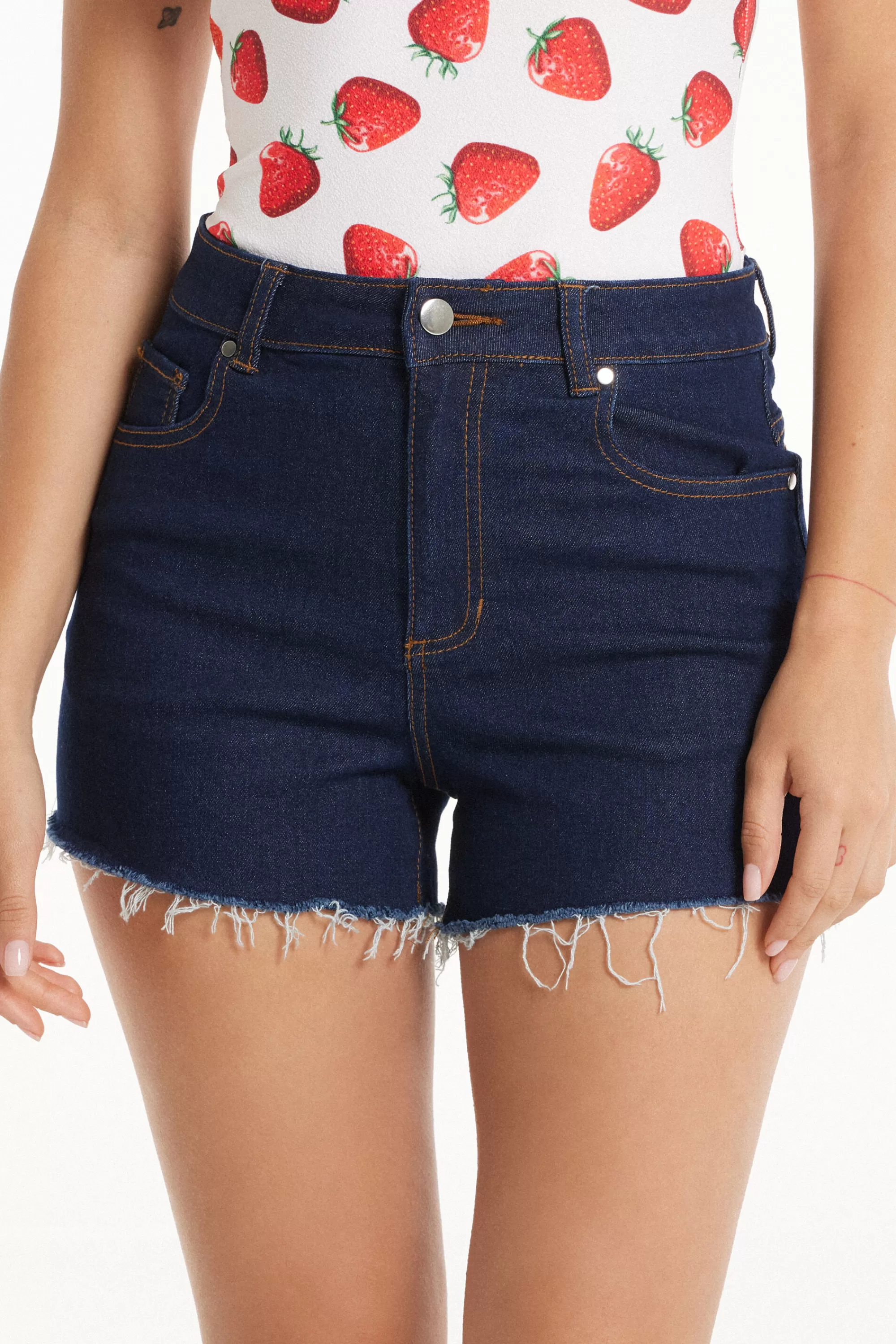 Online Short Alto In Denim Sfrangiato - Shorts - Donna | Shorts | Jeans