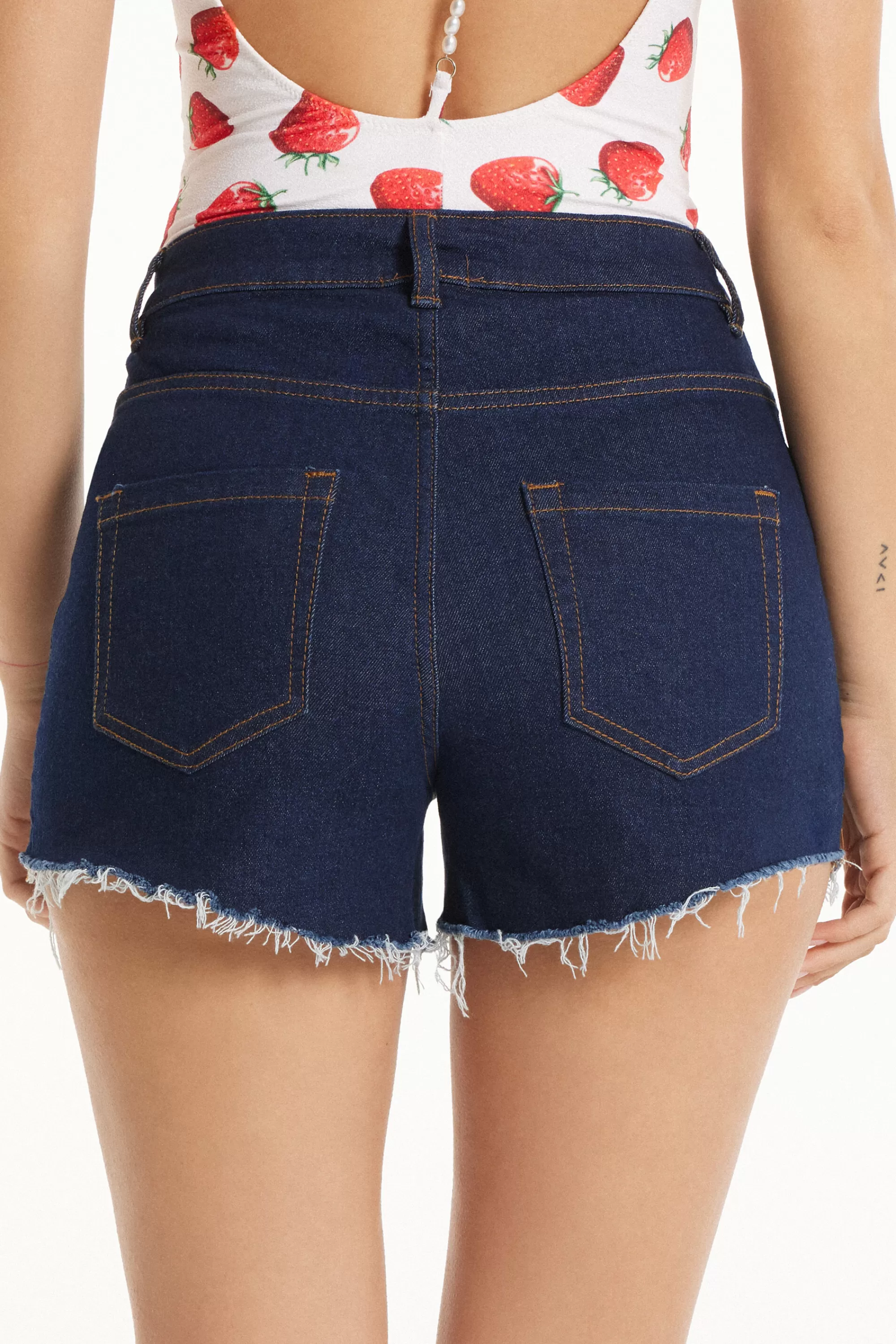 Online Short Alto In Denim Sfrangiato - Shorts - Donna | Shorts | Jeans