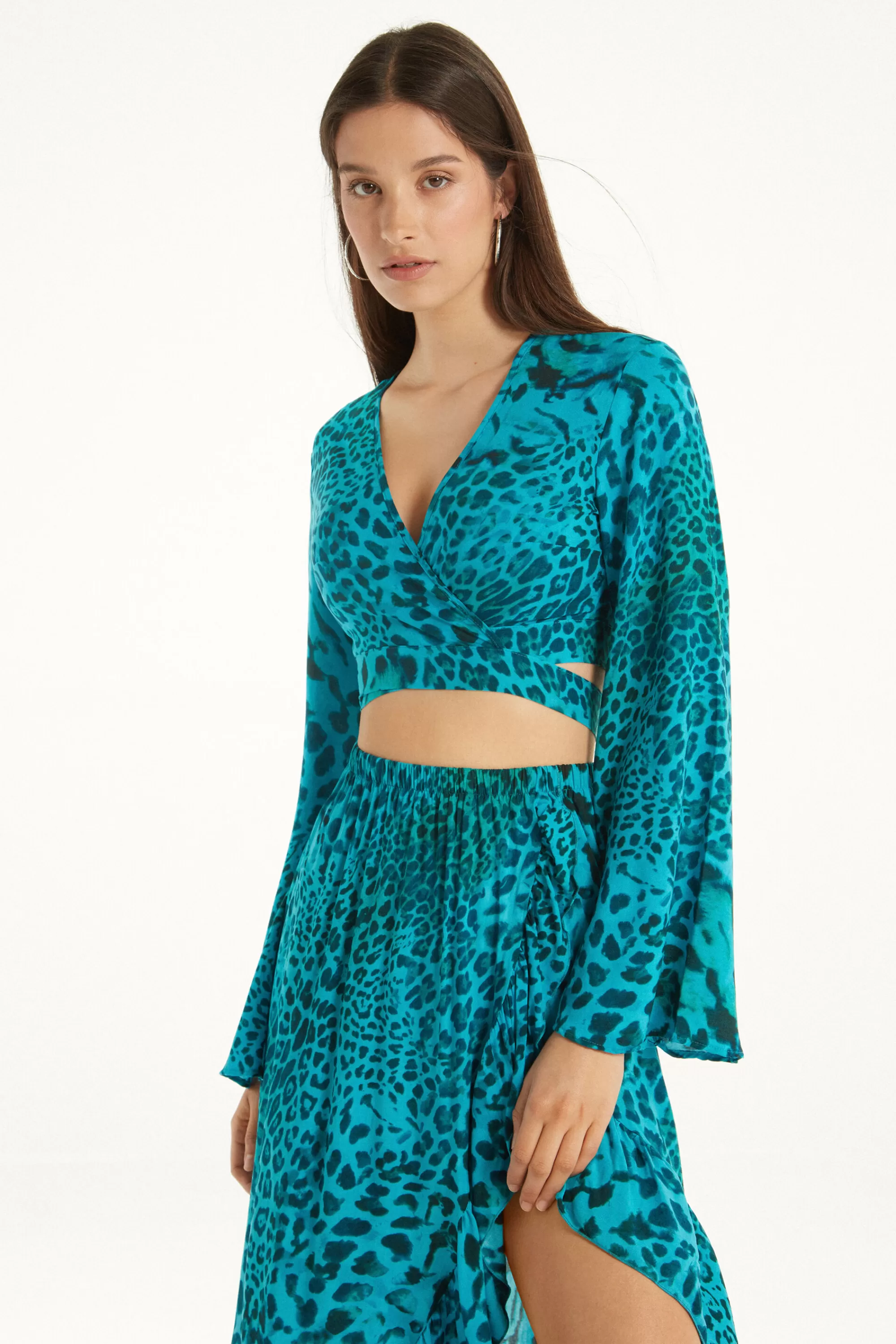 Fashion Top Corto Manica Lunga Tela Viscosa - Maglie Maniche Lunghe - Donna | Maglie maniche lunghe