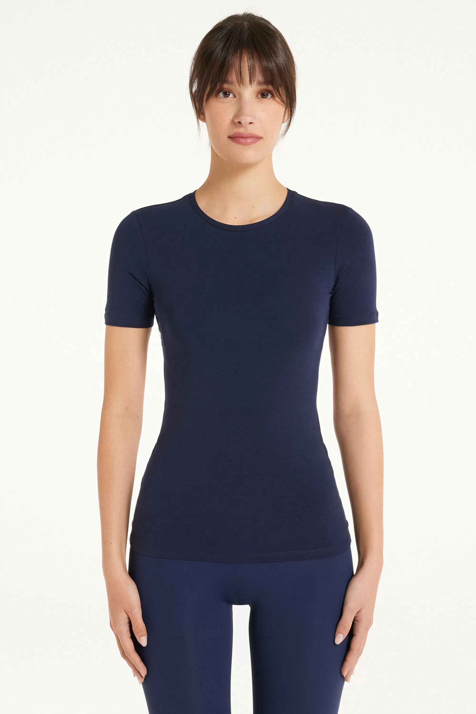 Fashion T-shirt Girocollo In Cotone Elasticizzato - Magliette Maniche Corte - Donna | Top e T-shirt | Magliette maniche corte