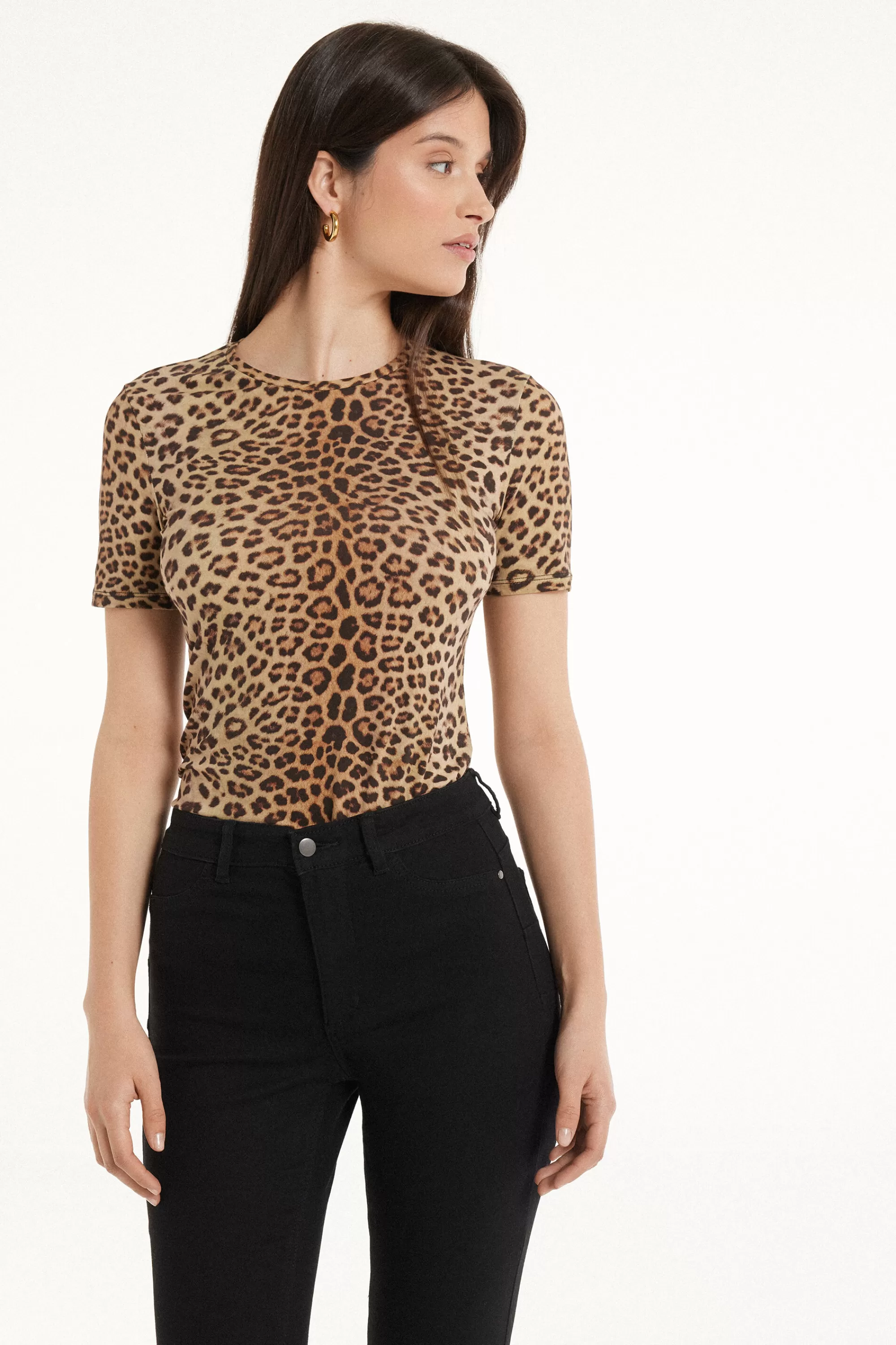 Sale T-Shirt Girocollo In Cotone Elasticizzato Stampato - Magliette Maniche Corte - Donna | Magliette maniche corte