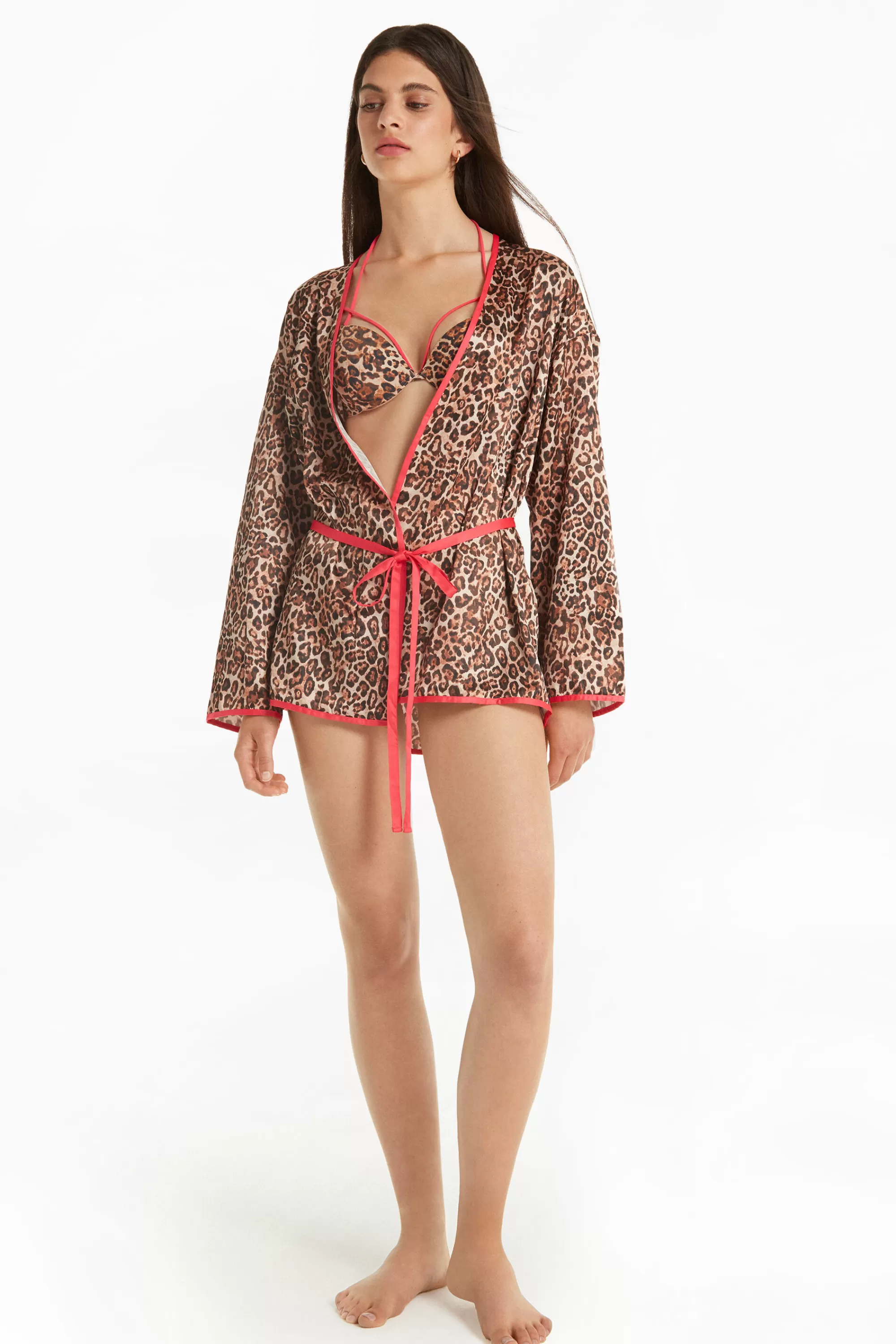 Shop Vestaglia Corta Manica Lunga Con Fusciacca Strawberry Leopard - Camicie Da Notte E Vestaglie - Donna | Camicie da notte e Vestaglie